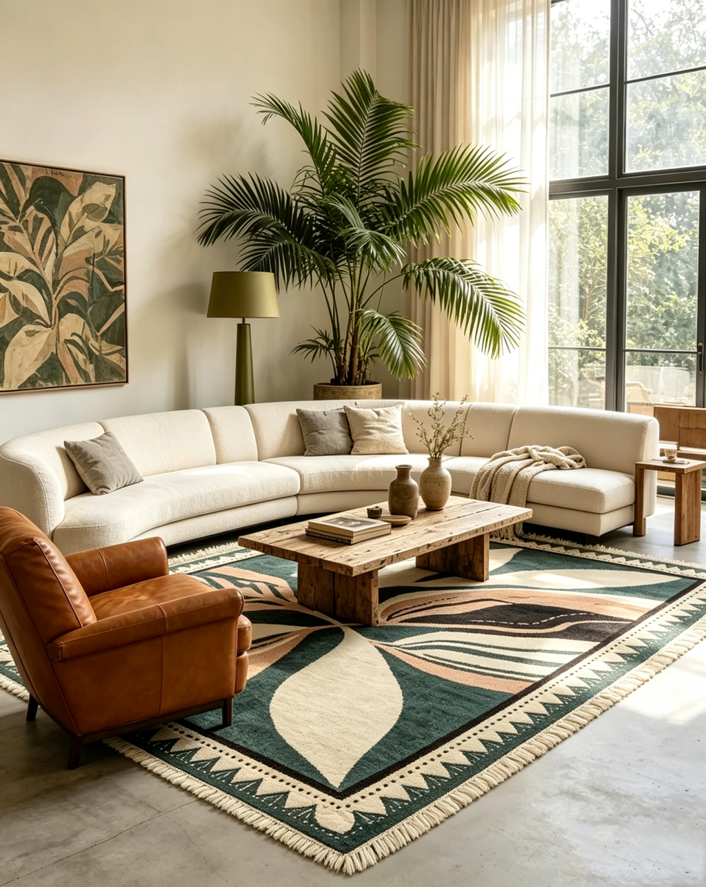 Botanical Leaf Dark Teal Fringed Wool Area Rug