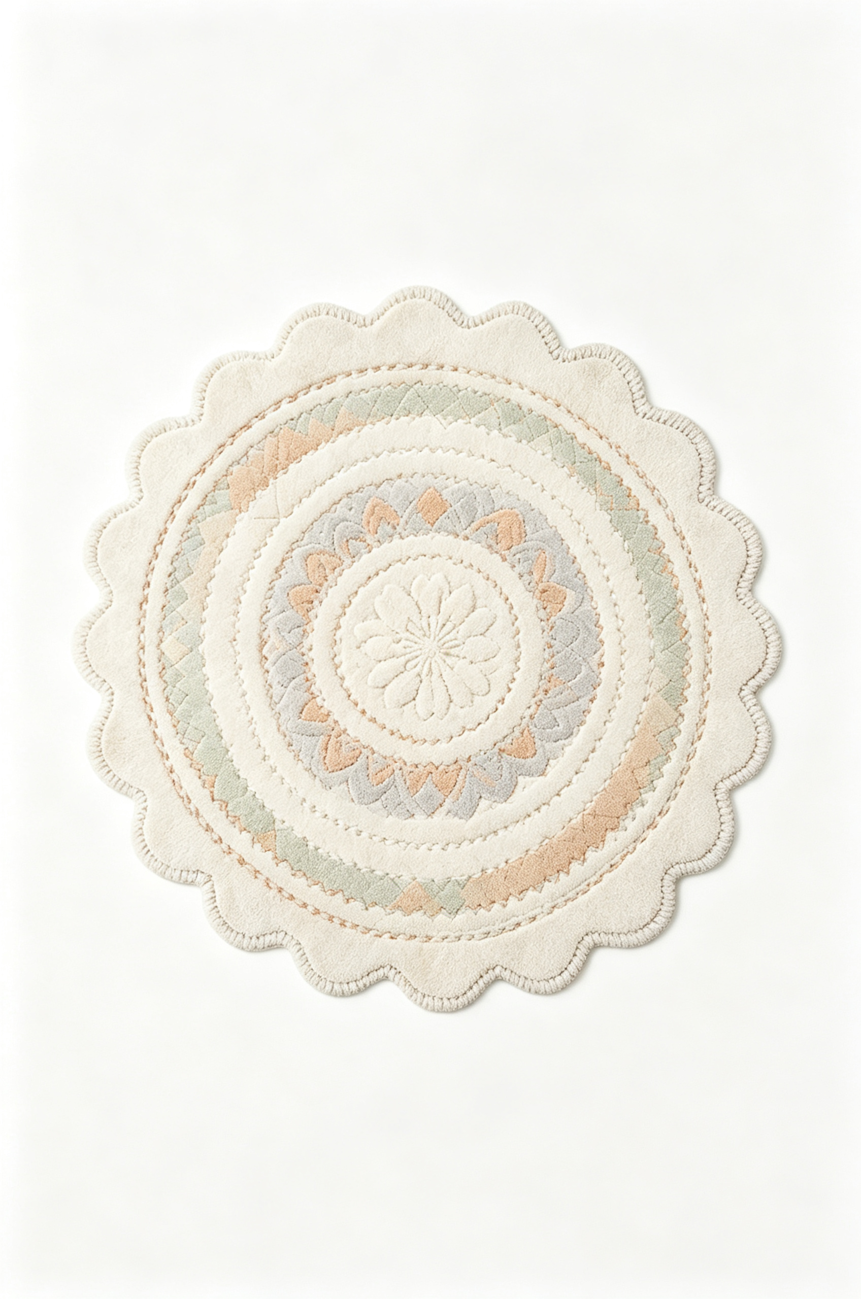 Round Pastel Patchwork Scalloped Floral Wool Rug