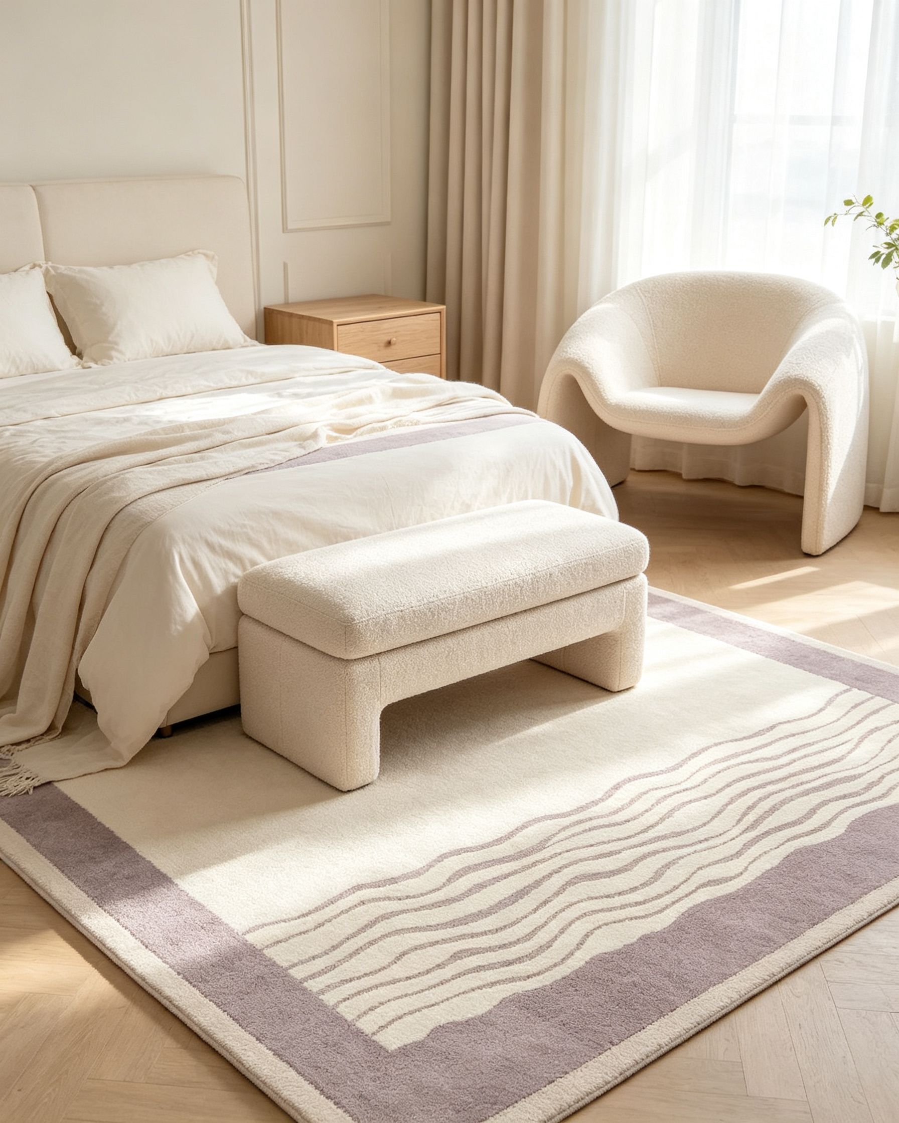 Lilac Border Double Horizontal Wave Minimal Wool Area Rug