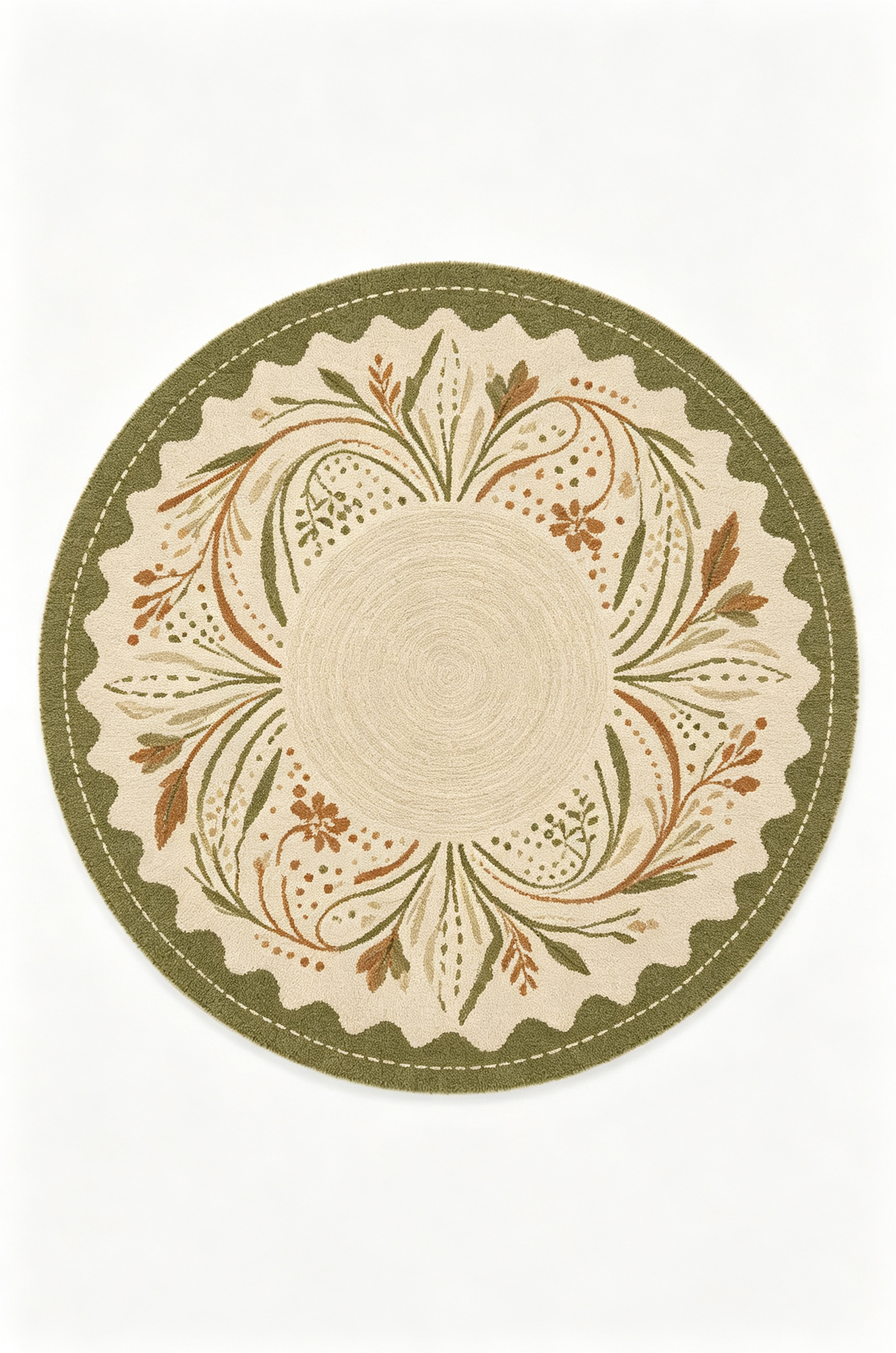 Round Olive Green Botanical Scalloped Wool Area Rug