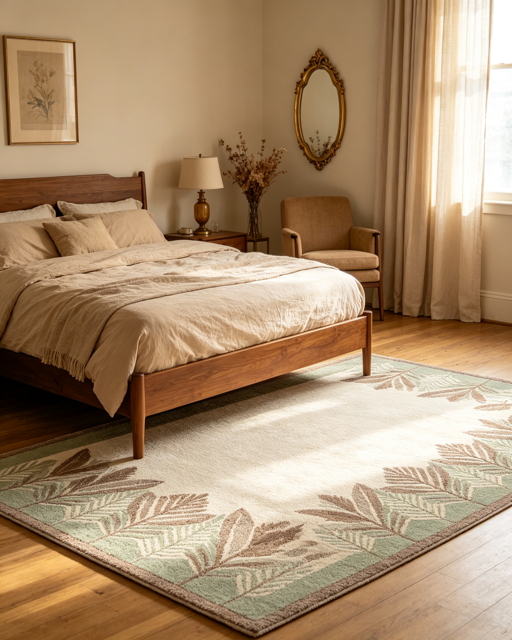 Bordered Hanging Sage Leaf Minimal Wool Area Rug
