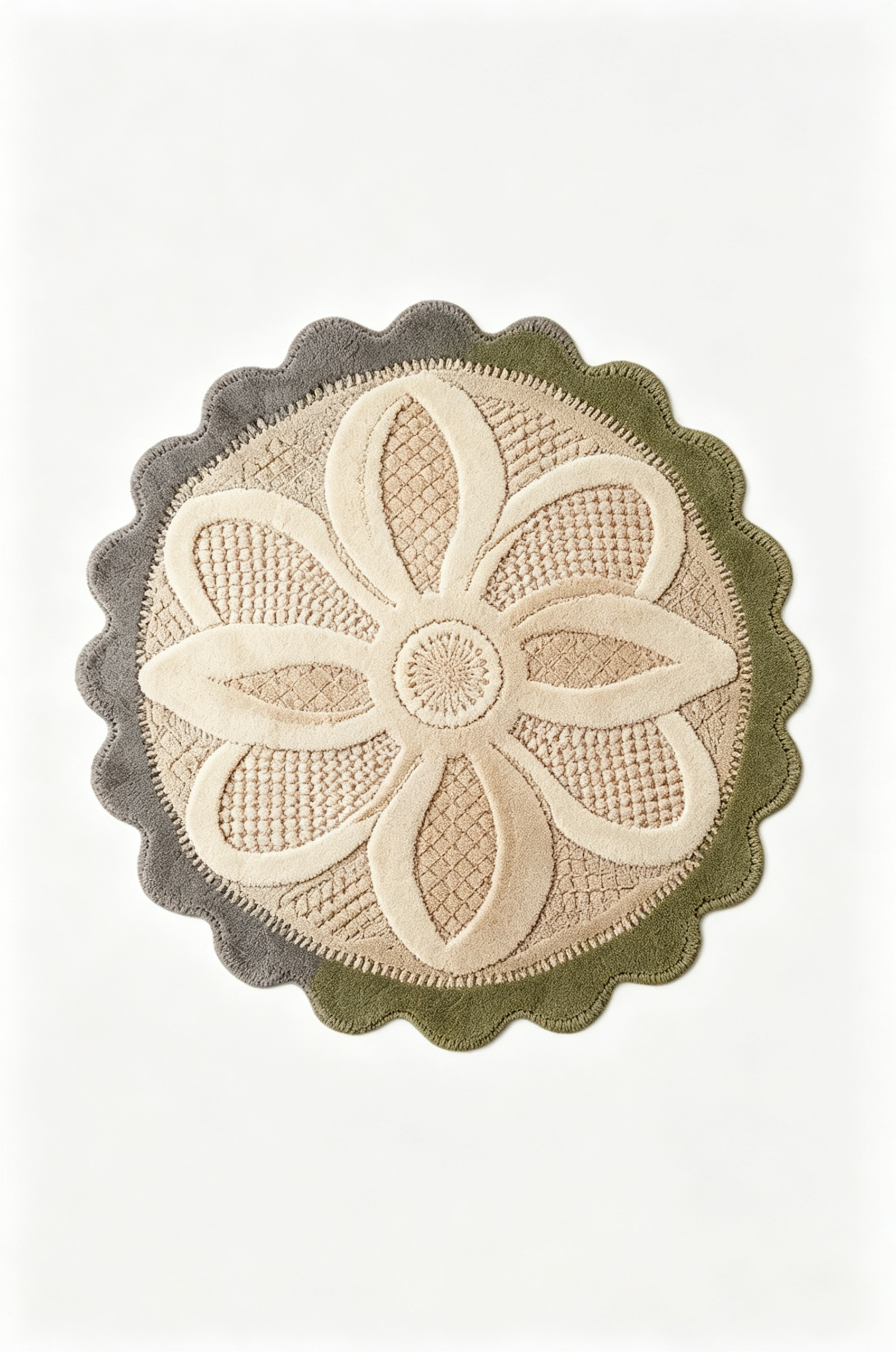 Round 3D Raised Large Flower Scalloped Wool Rug