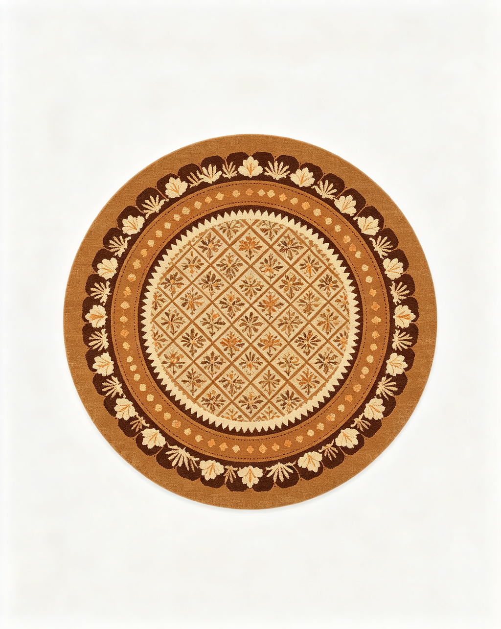 Round Warm Brown Diamond Floral Border Wool Area Rug