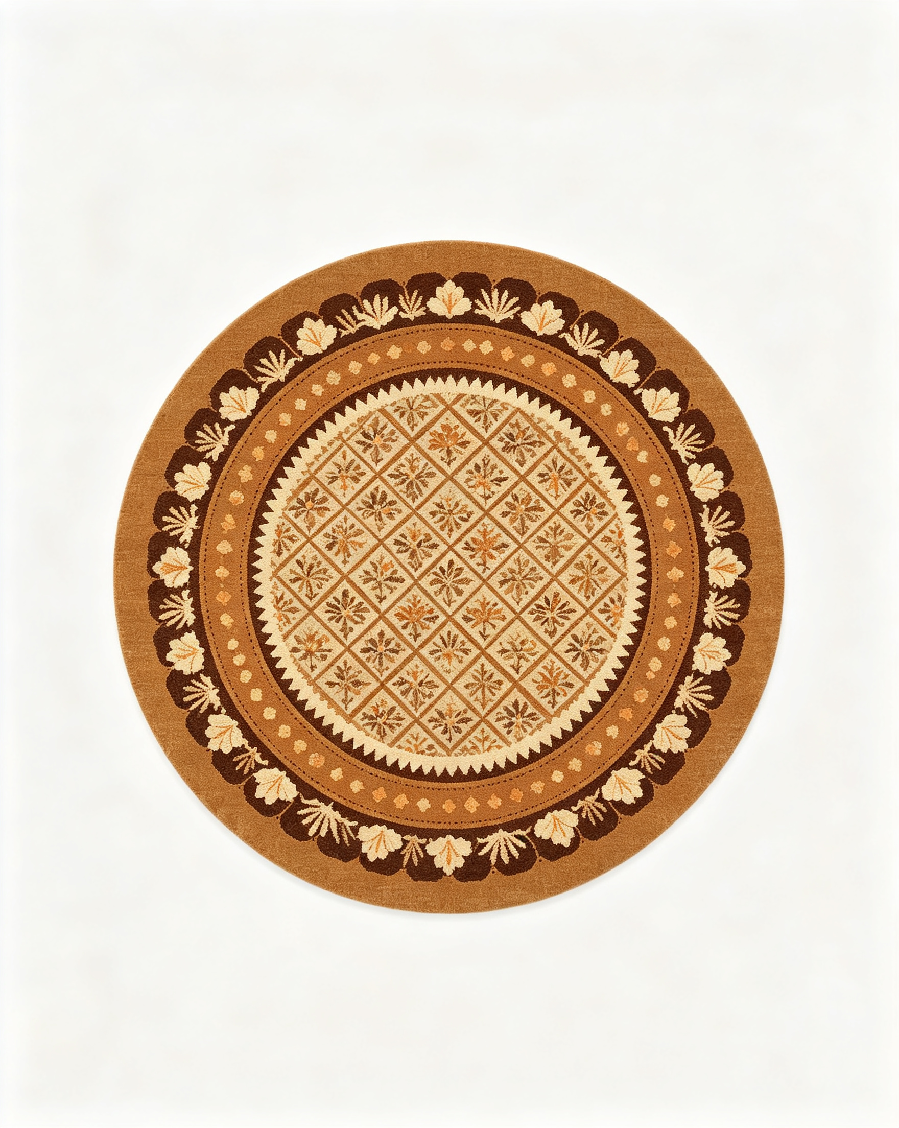 Round Warm Brown Diamond Floral Border Wool Area Rug
