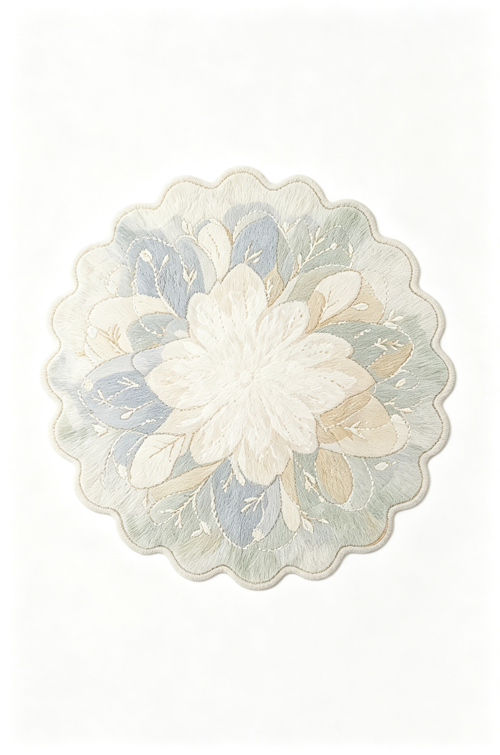 Round Watercolor Pastel Leaf Scalloped Wool Rug