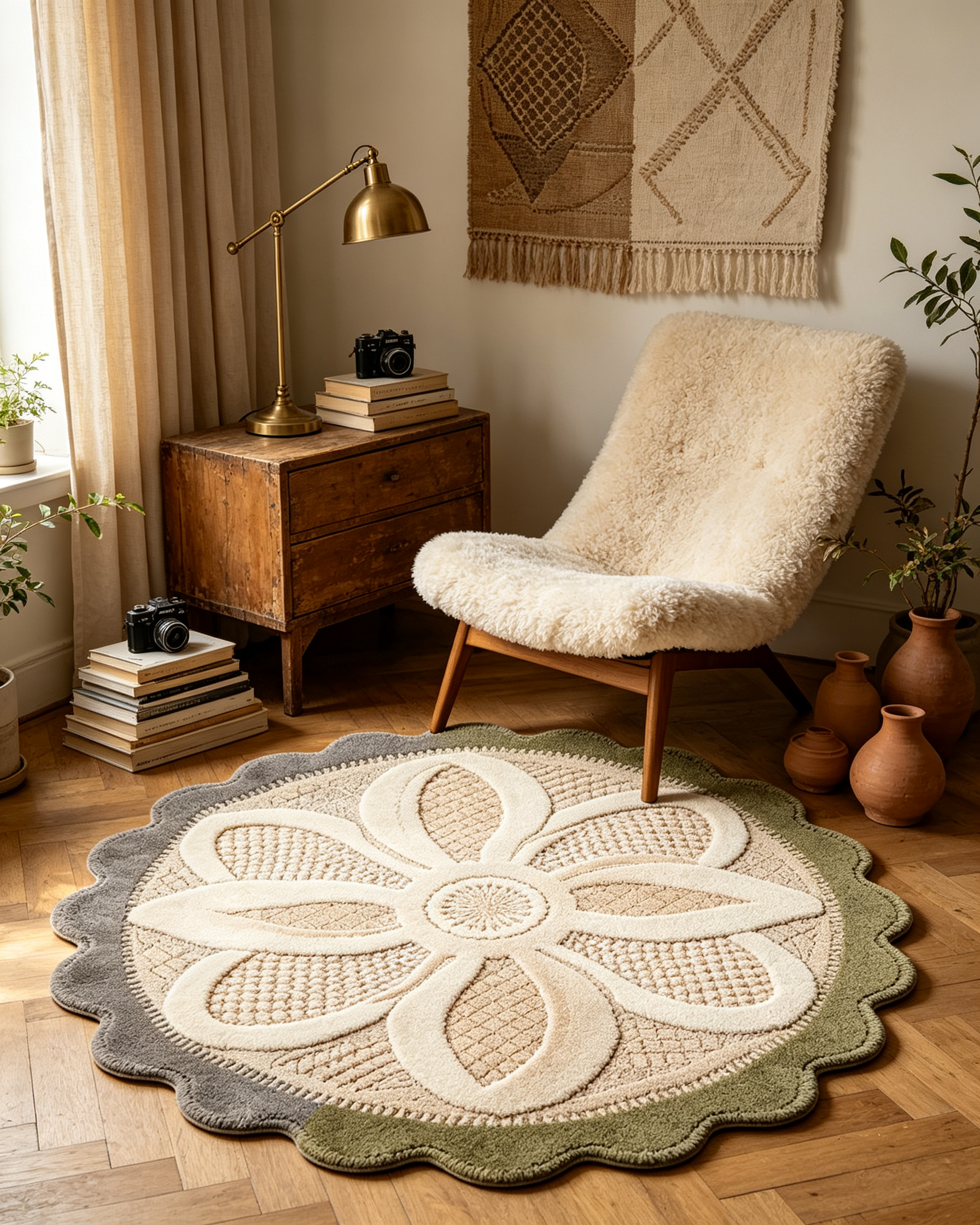 Round 3D Raised Large Flower Scalloped Wool Rug