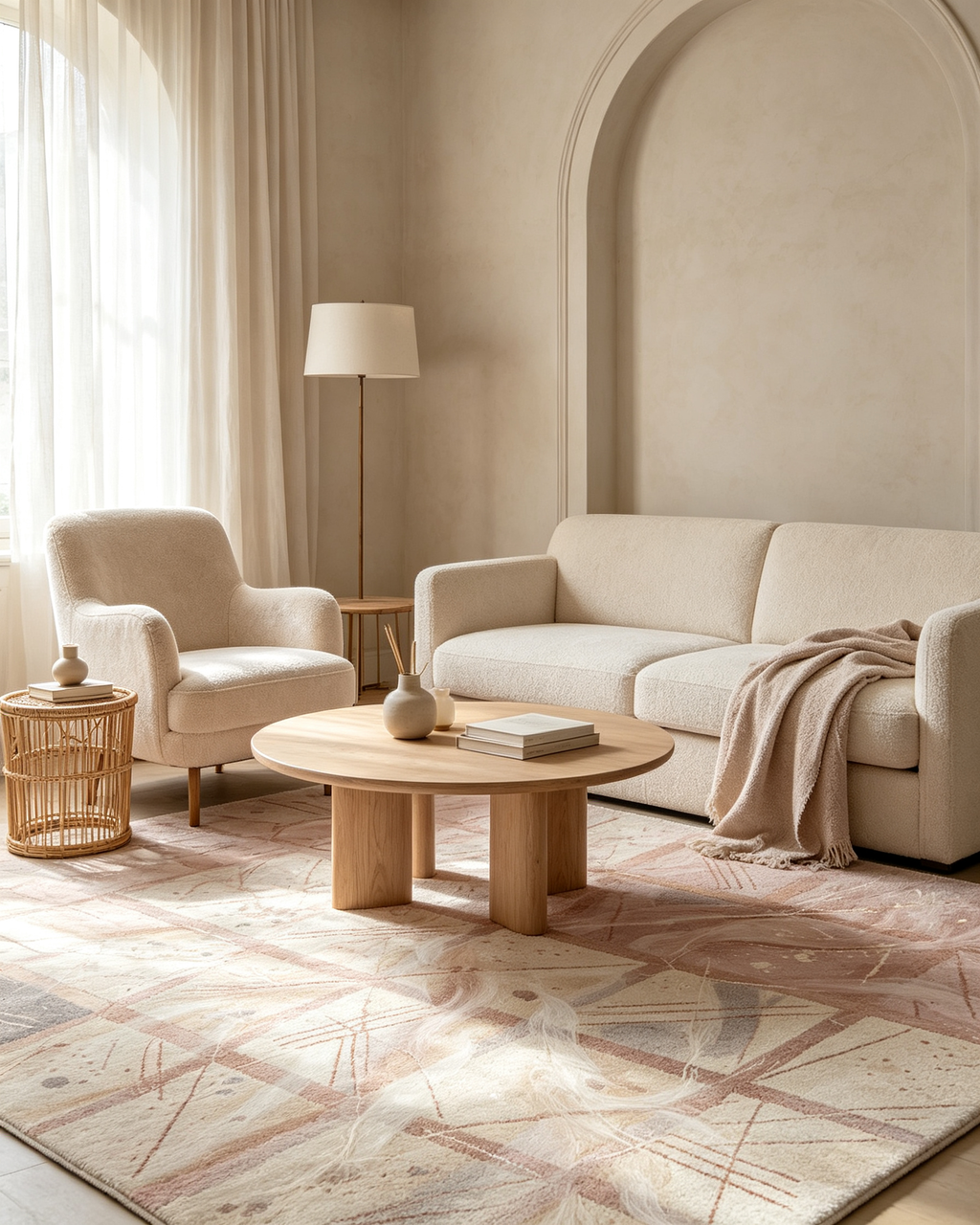 Blush Pink Abstract Grid Fringed Wool Area Rug