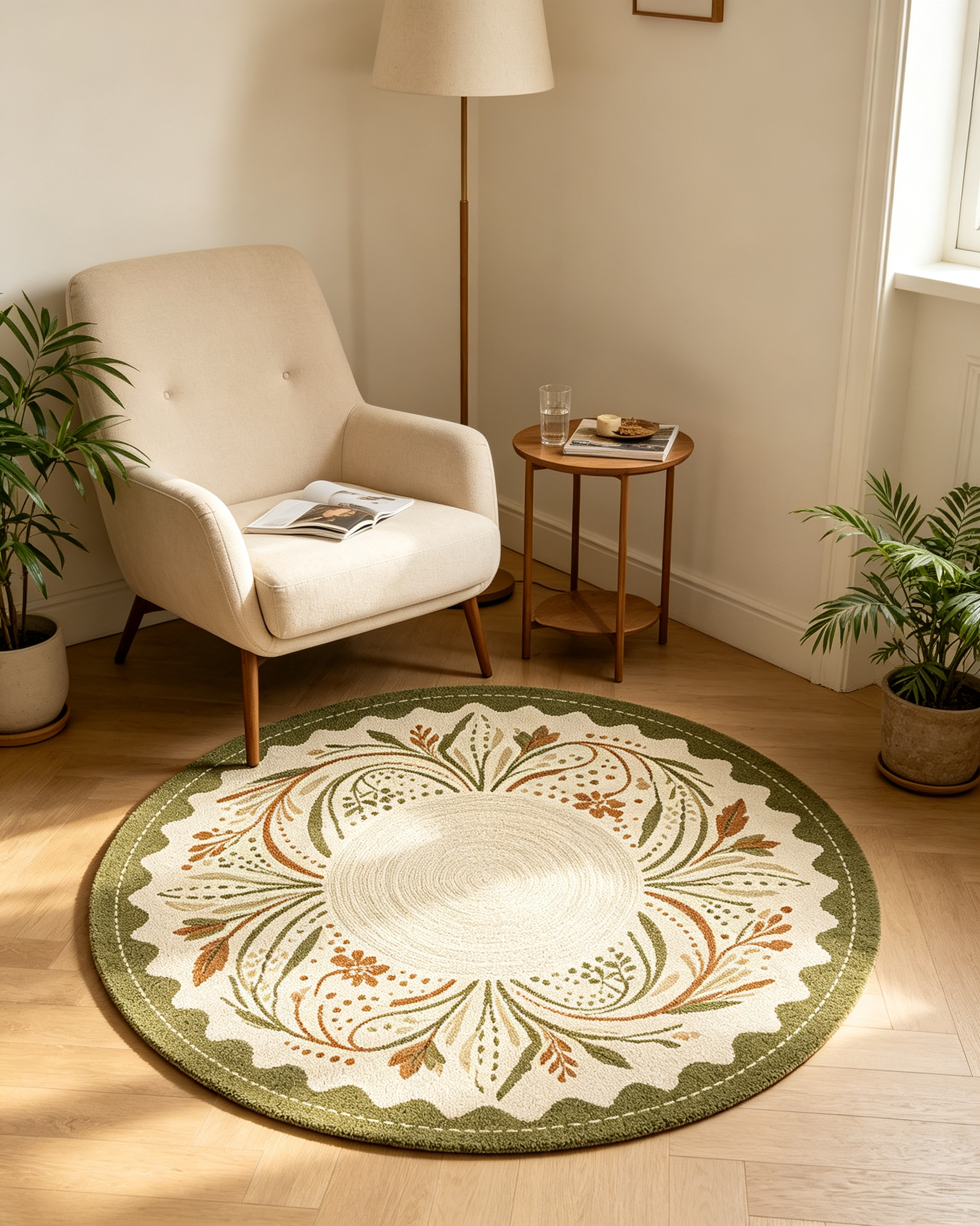 Round Olive Green Botanical Scalloped Wool Area Rug