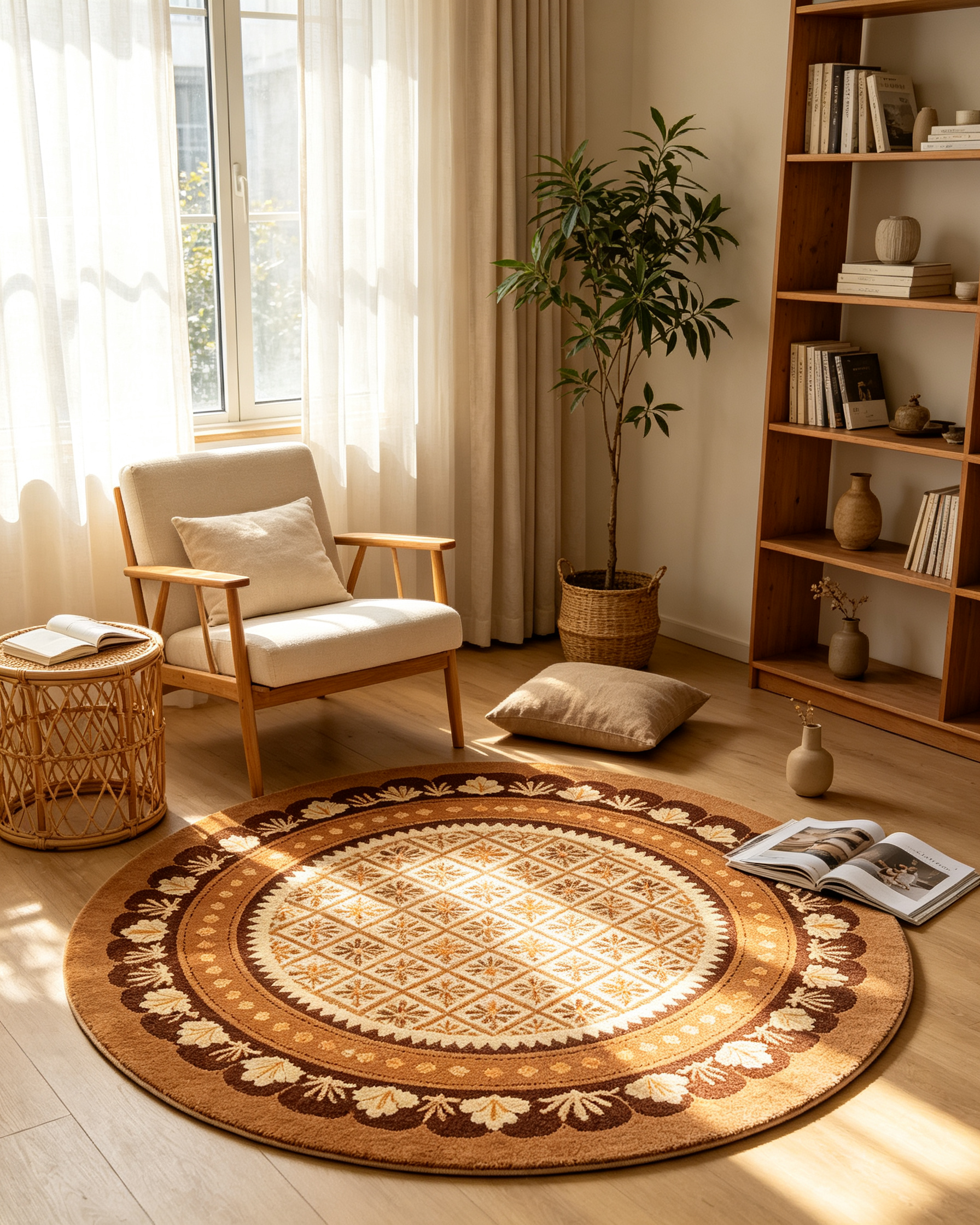 Round Warm Brown Diamond Floral Border Wool Area Rug