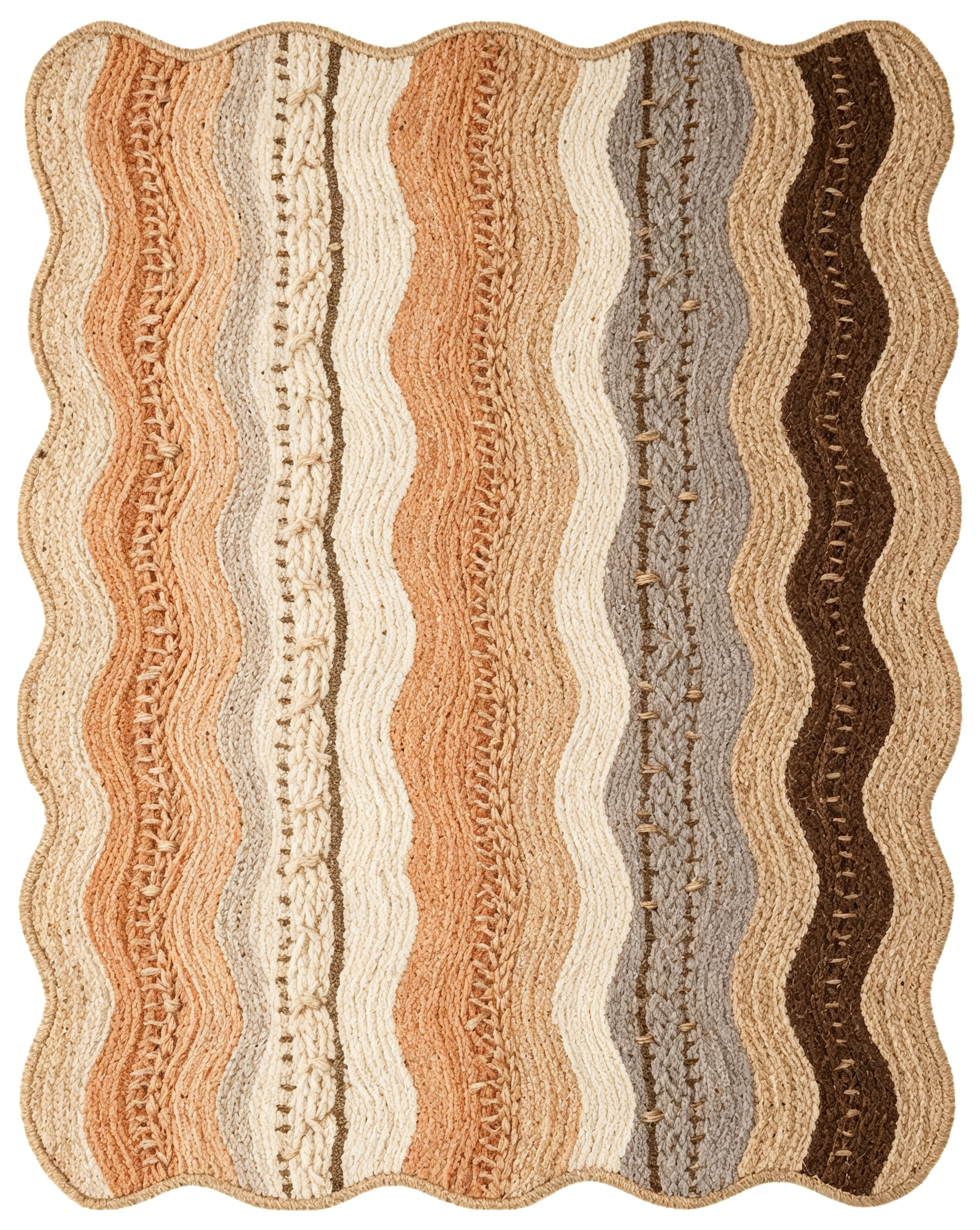 Wavy Scalloped Edge Neutral Striped Braided Jute Blend Rug
