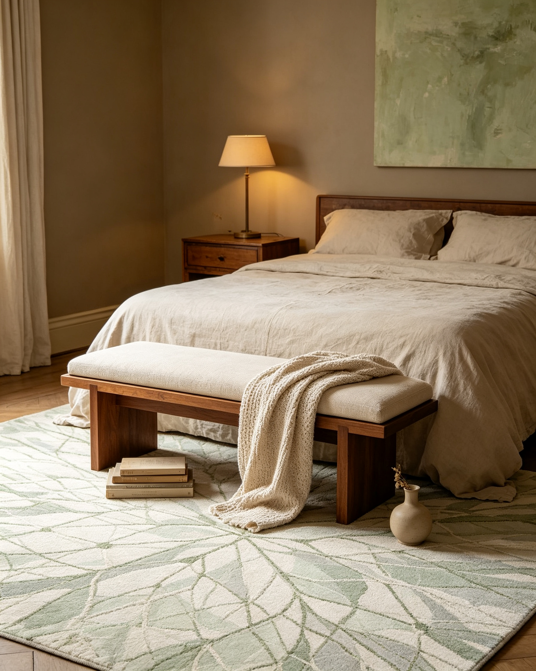Soft Sage Abstract Leaf Vein Watercolor Wool Area Rug