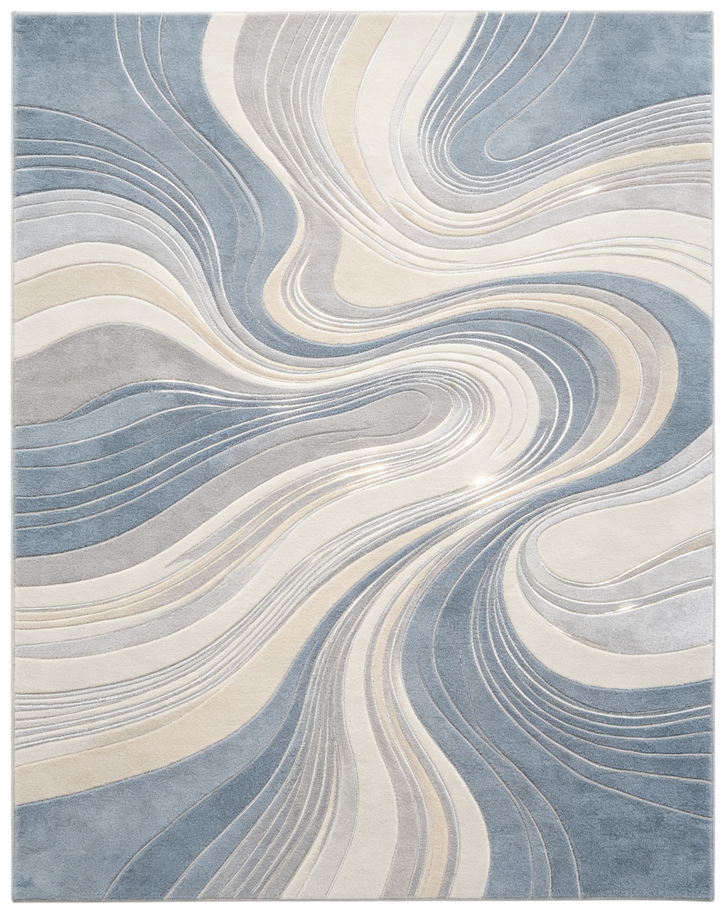 Glossy Swirl Wave Blue Grey Modern Wool Area Rug