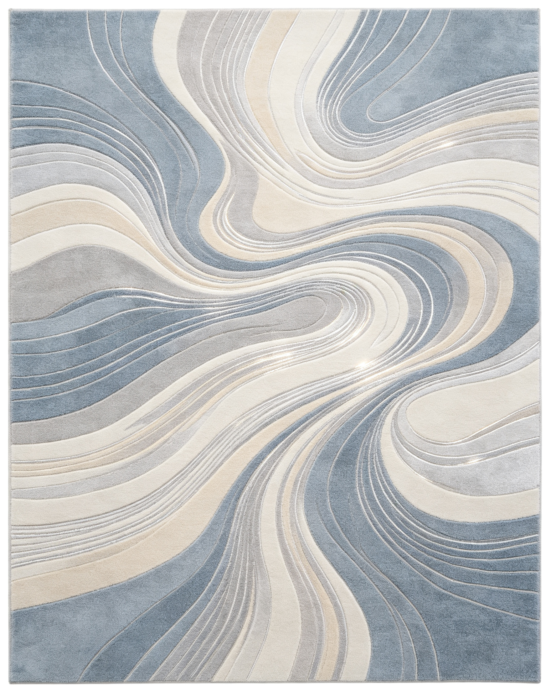Glossy Swirl Wave Blue Grey Modern Wool Area Rug