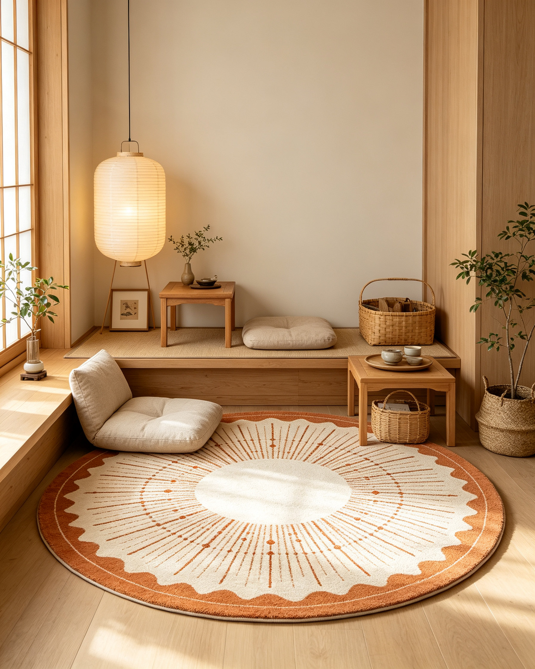 Round Terracotta Sunburst Scalloped Wool Area Rug