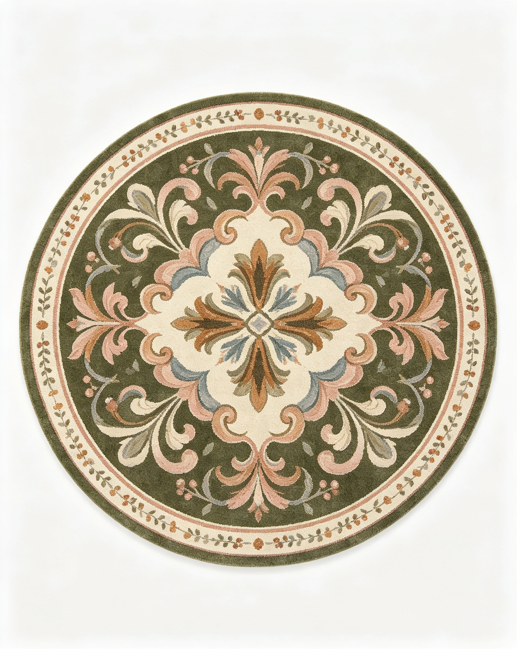 Round Dark Olive Ornate Floral Medallion Wool Area Rug