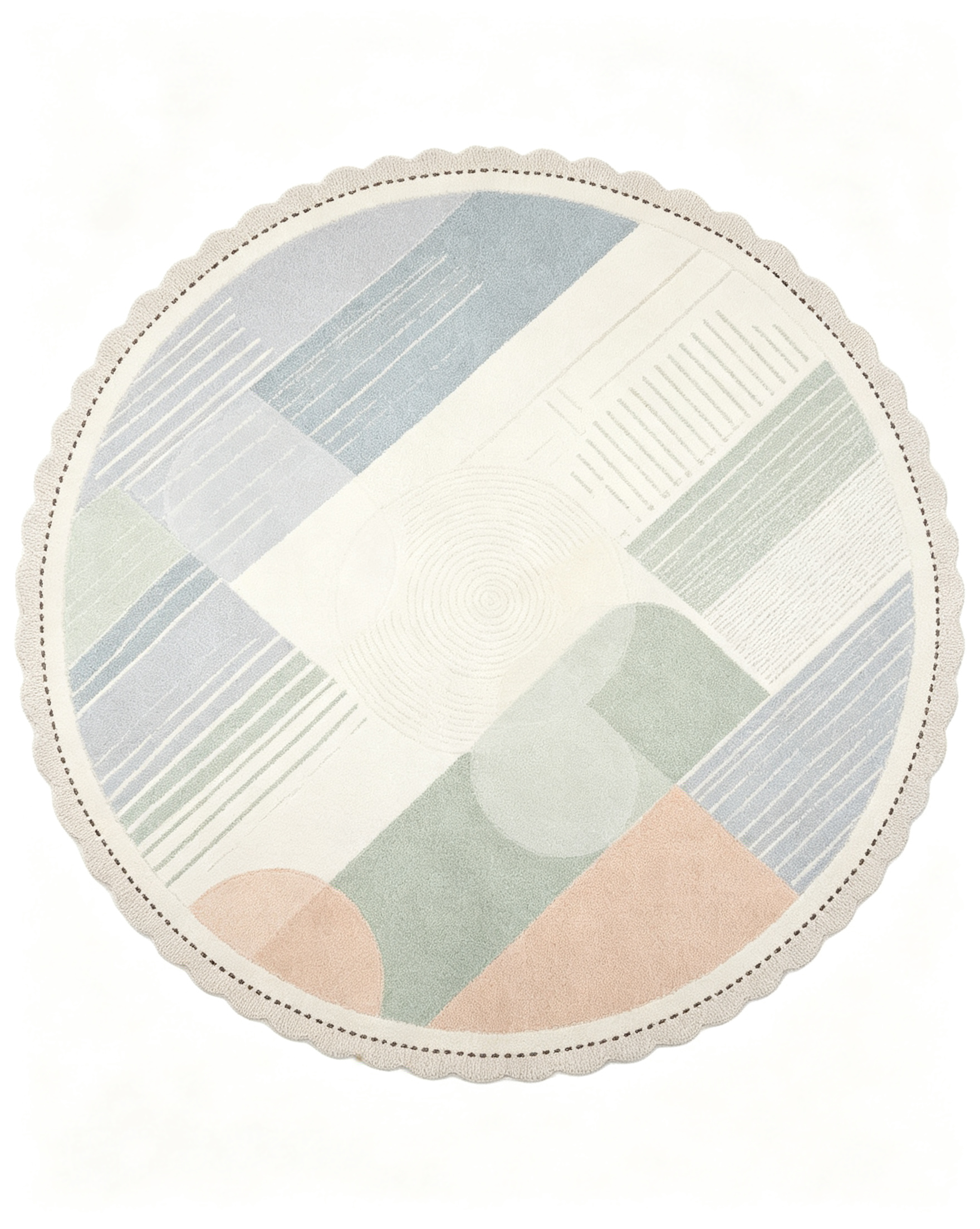 Round Pastel Geometric Block Scalloped Wool Rug