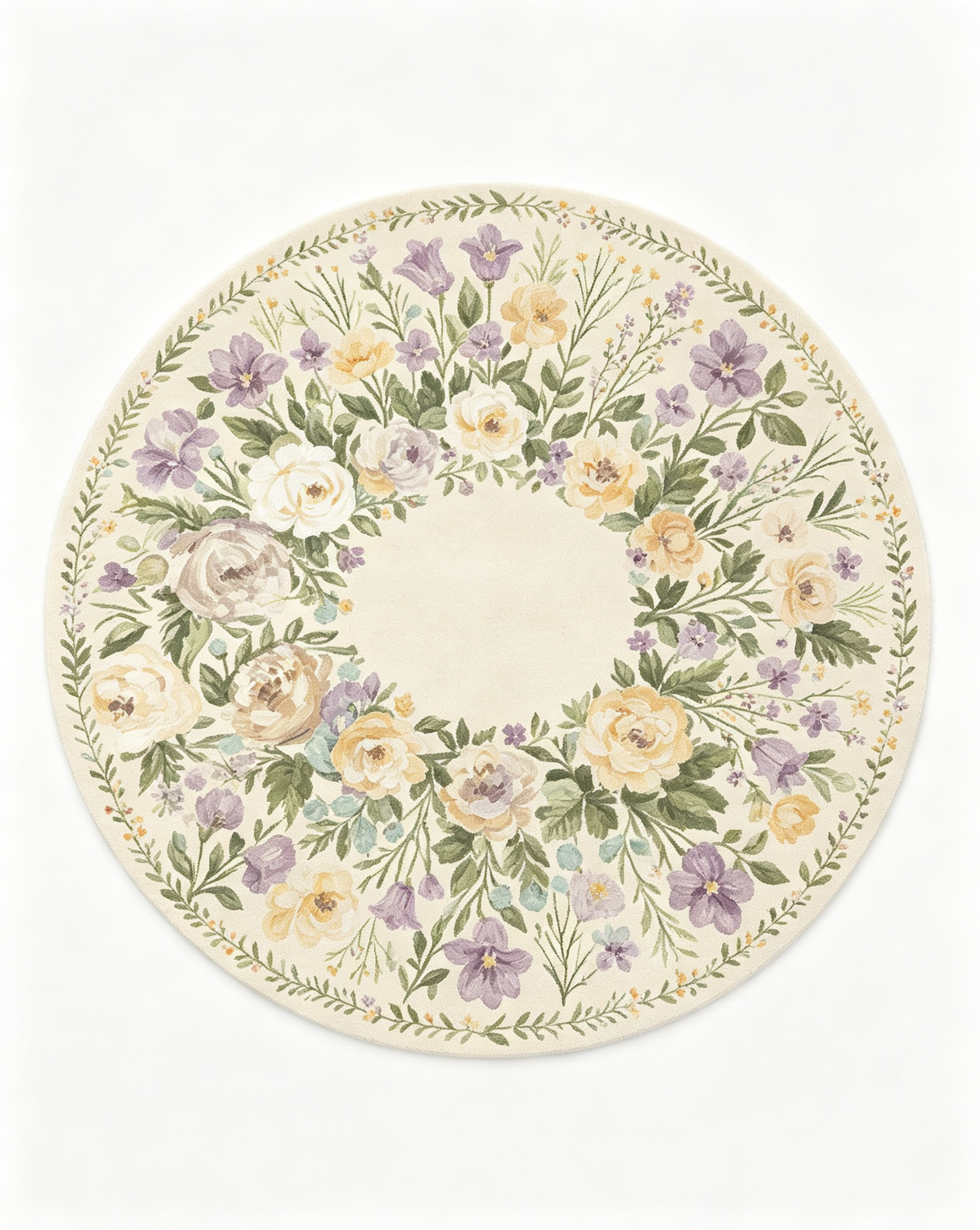 Round Watercolor Purple Yellow Floral Wreath Wool Area Rug