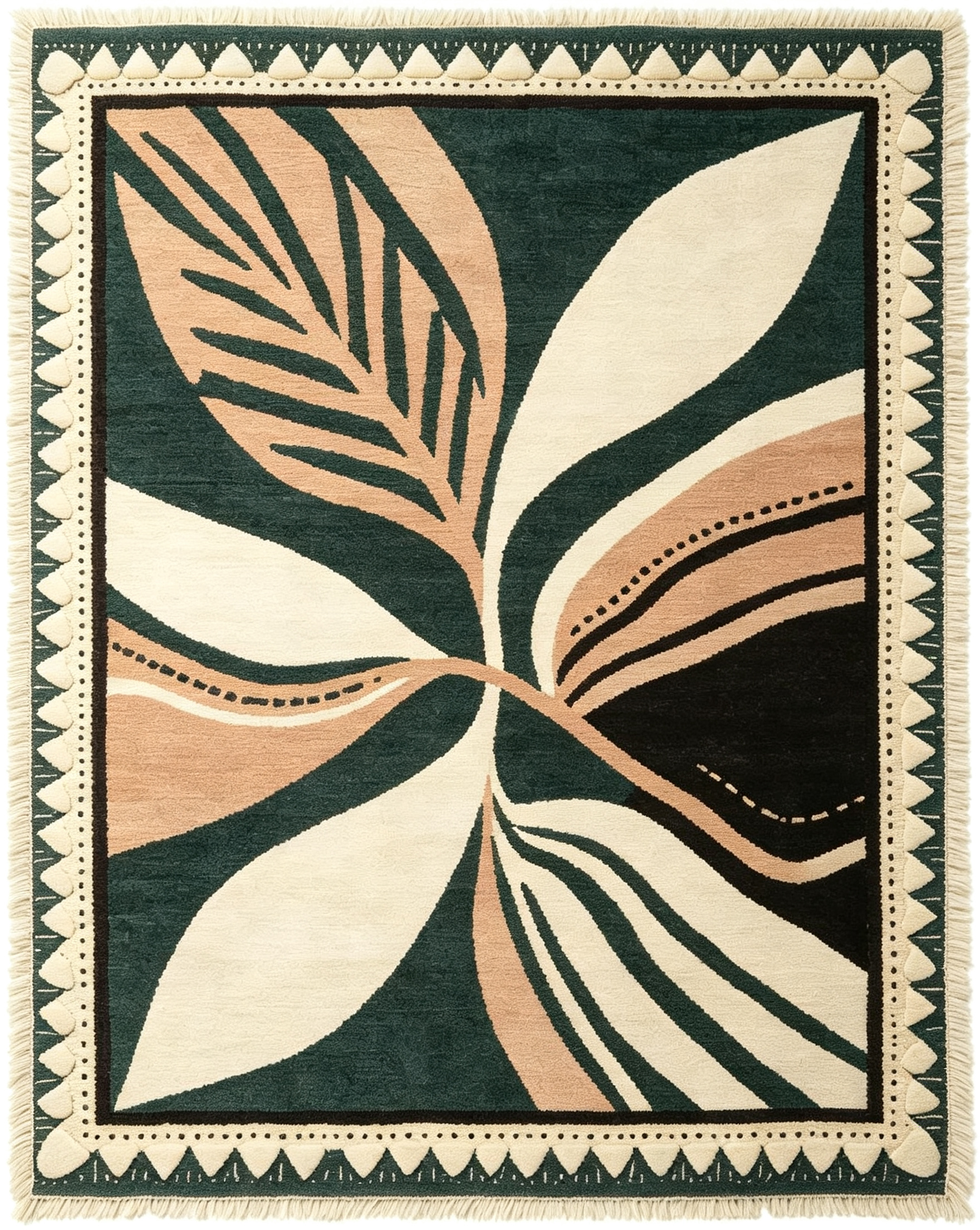 Botanical Leaf Dark Teal Fringed Wool Area Rug