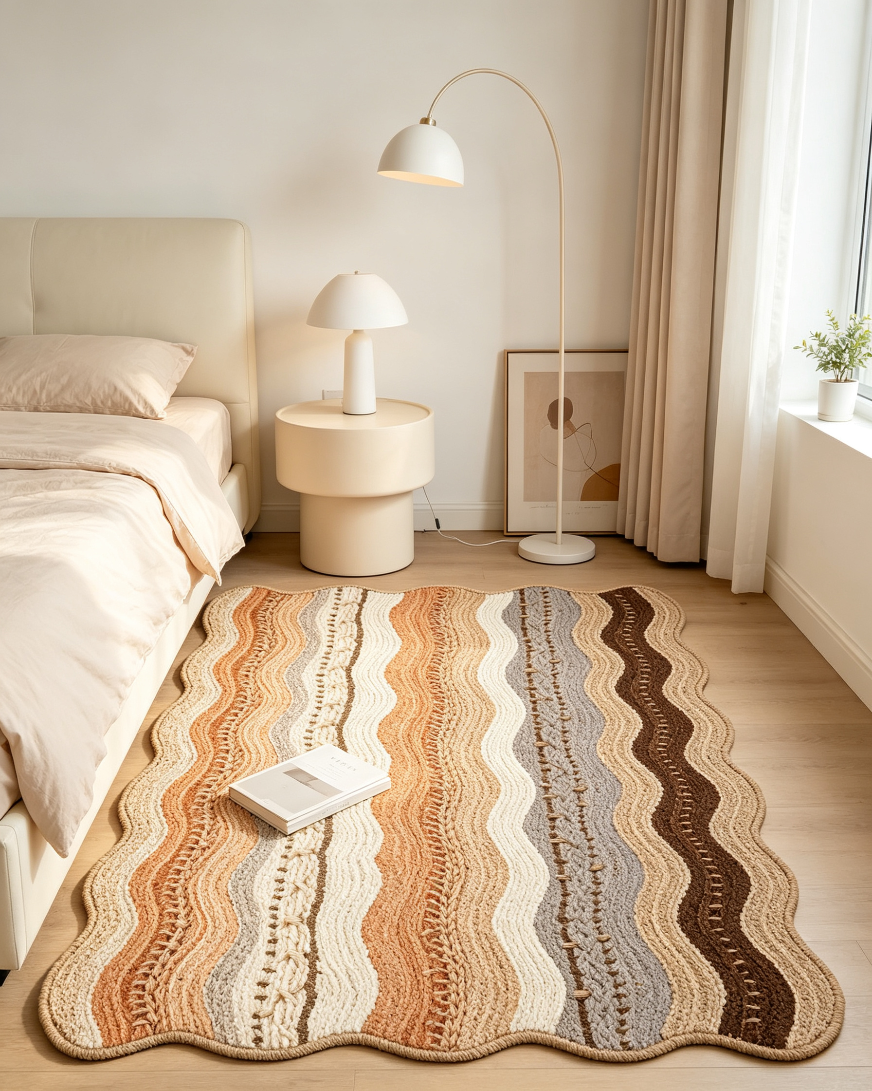 Wavy Scalloped Edge Neutral Striped Braided Jute Blend Rug