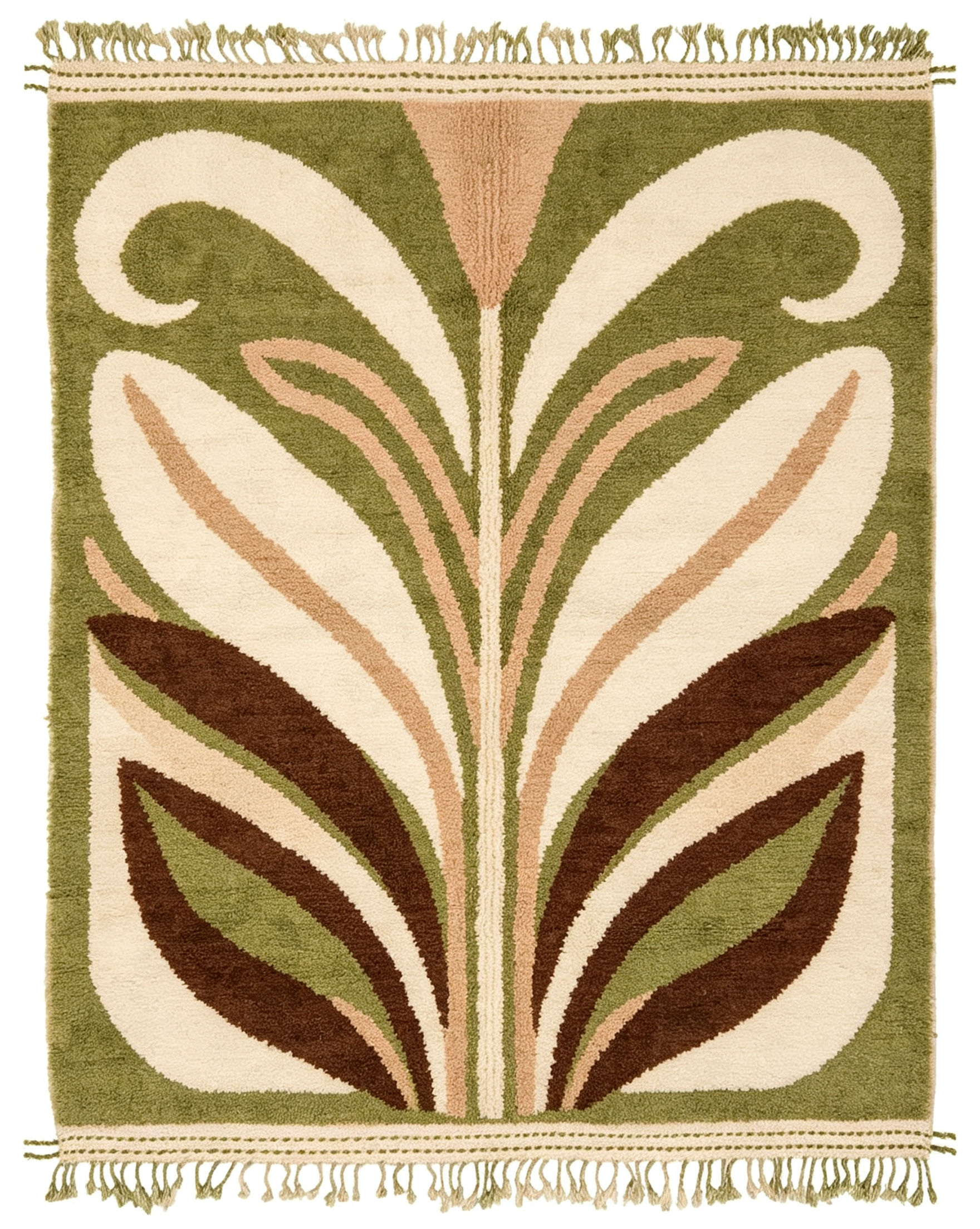 Vintage Palm Leaf Fringed Olive Green Wool Area Rug