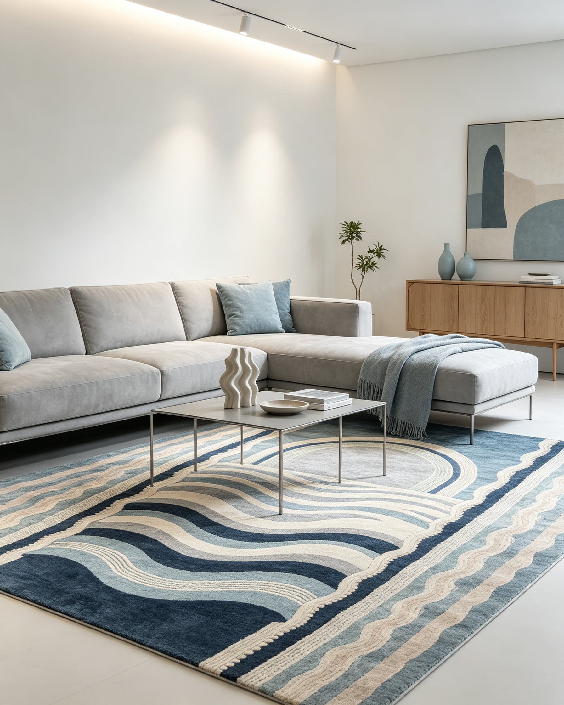 Arch Wave Coastal Blue Sage Striped Wool Area Rug