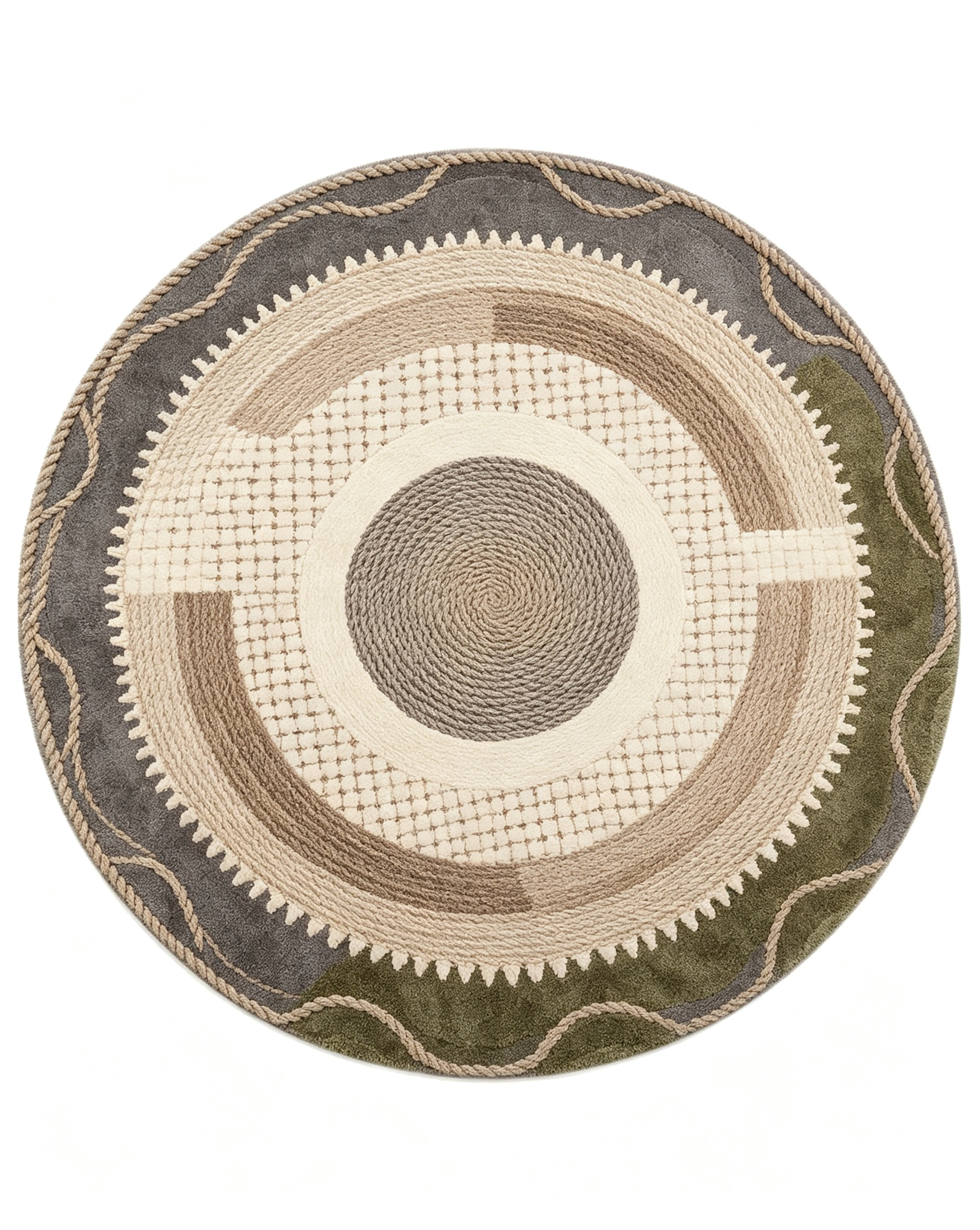 Round Neutral Braided Geometric Wool Area Rug