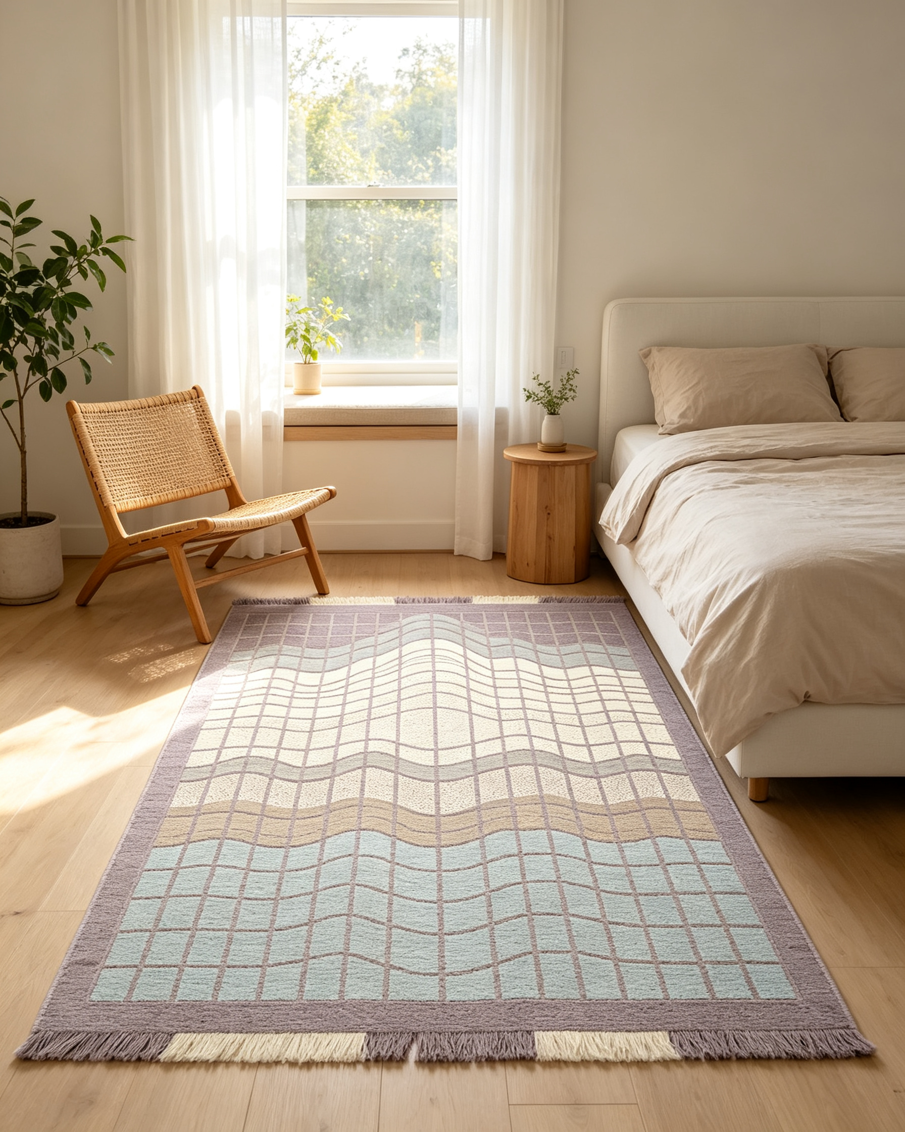 Wavy Grid Gradient Pastel Fringed Wool Area Rug