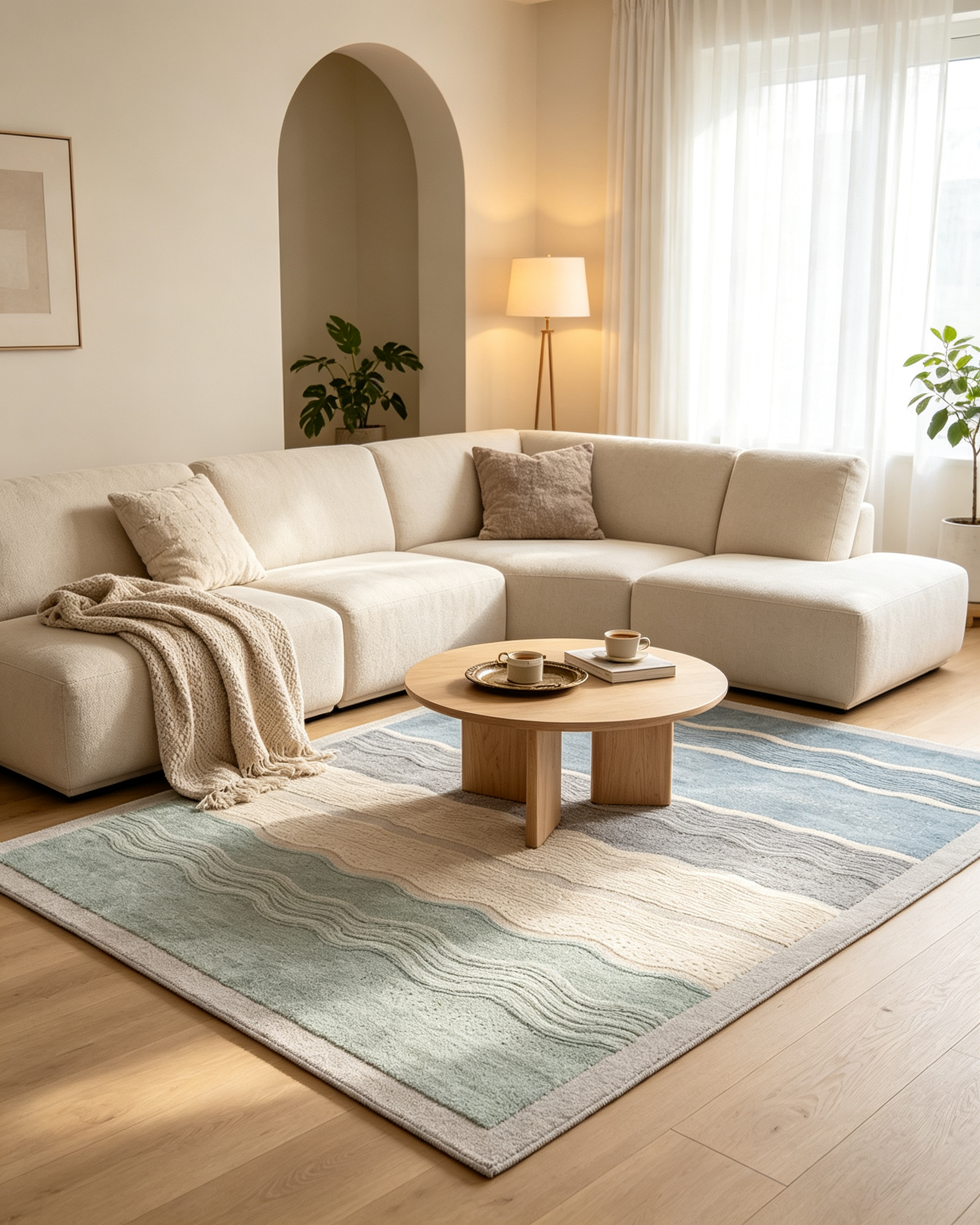 Textured Wavy Horizontal Striped Coastal Wool Area Rug