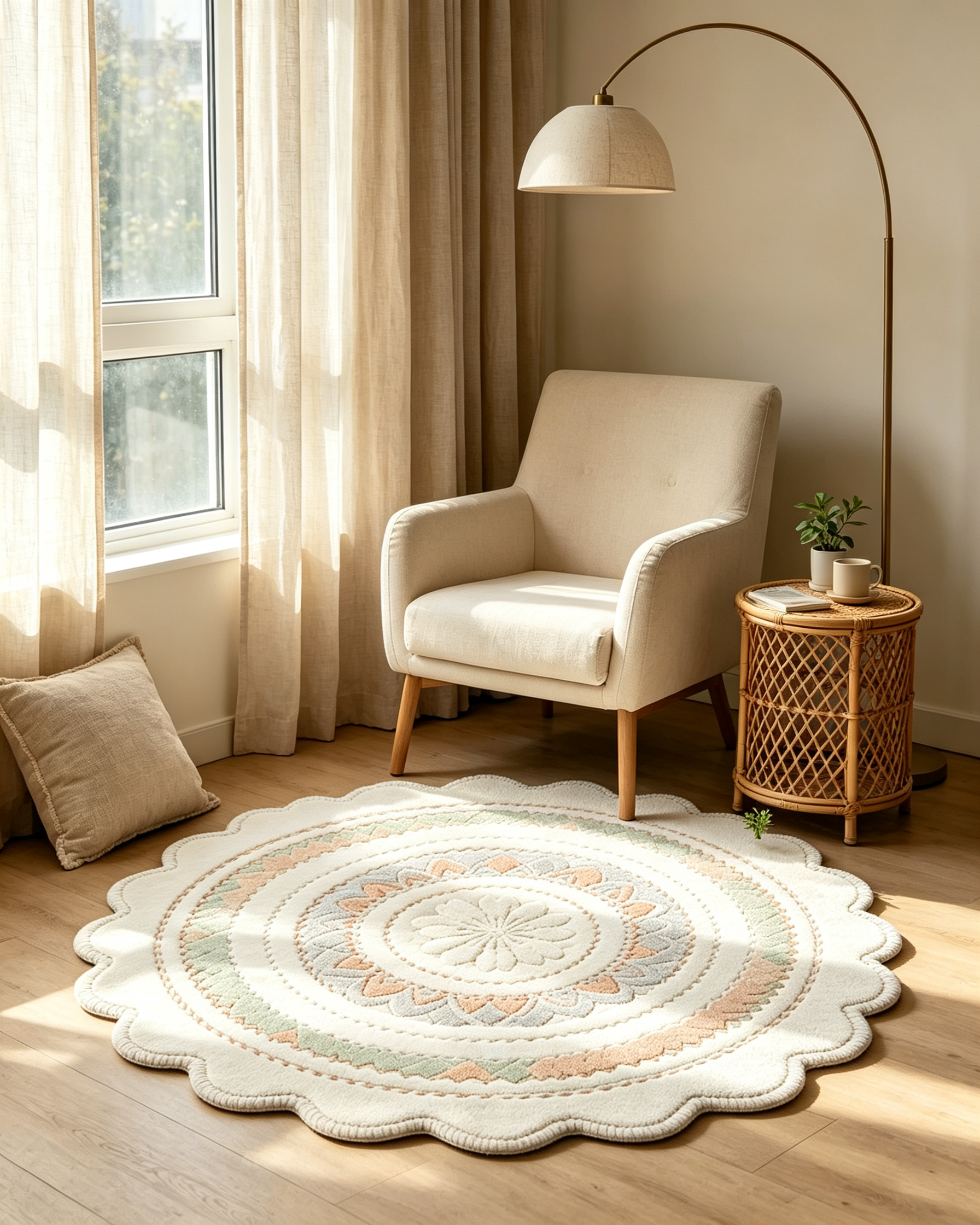 Round Pastel Patchwork Scalloped Floral Wool Rug