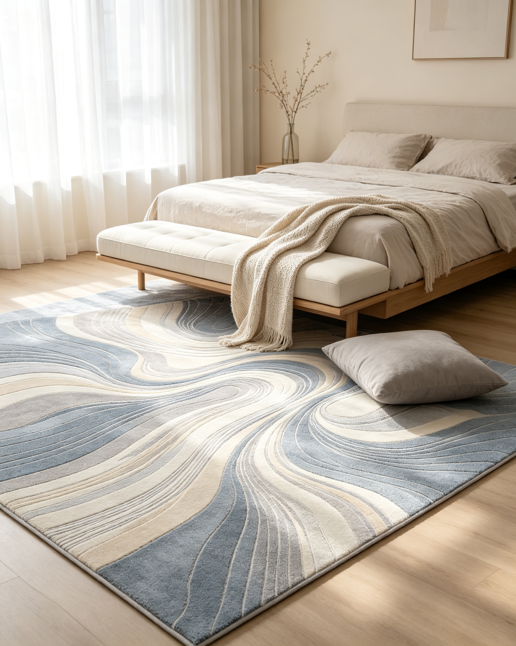Glossy Swirl Wave Blue Grey Modern Wool Area Rug