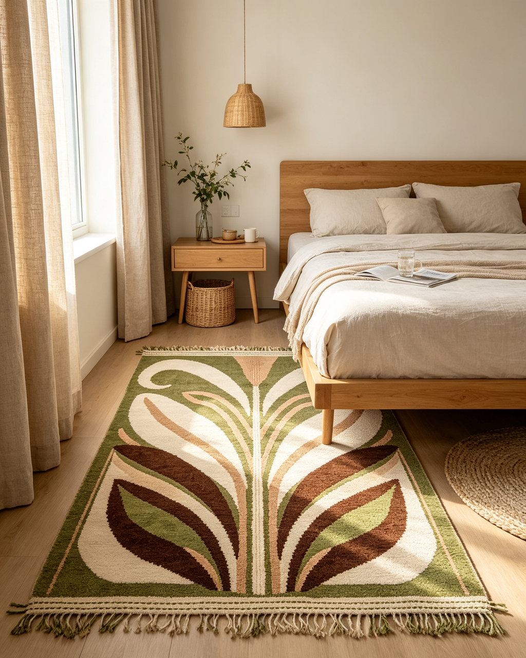 Vintage Palm Leaf Fringed Olive Green Wool Area Rug