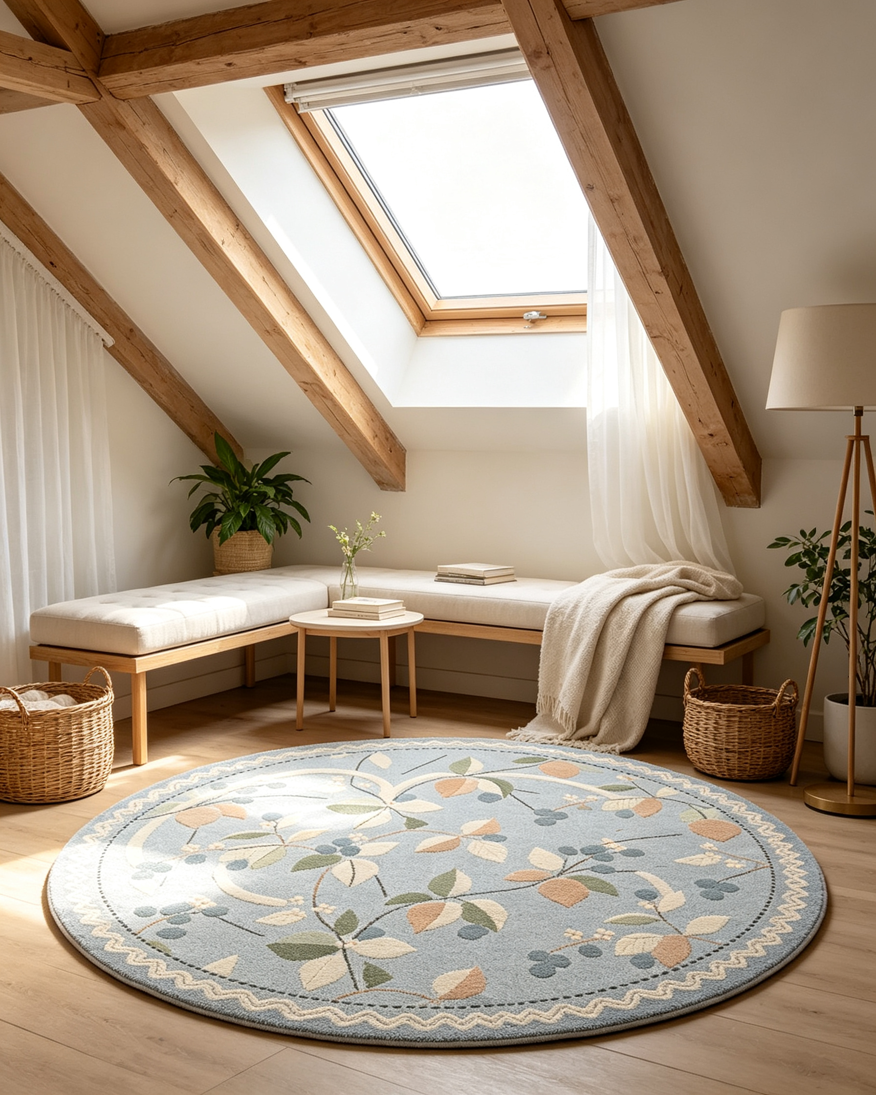 Round Light Blue Botanical Vine Scalloped Wool Area Rug