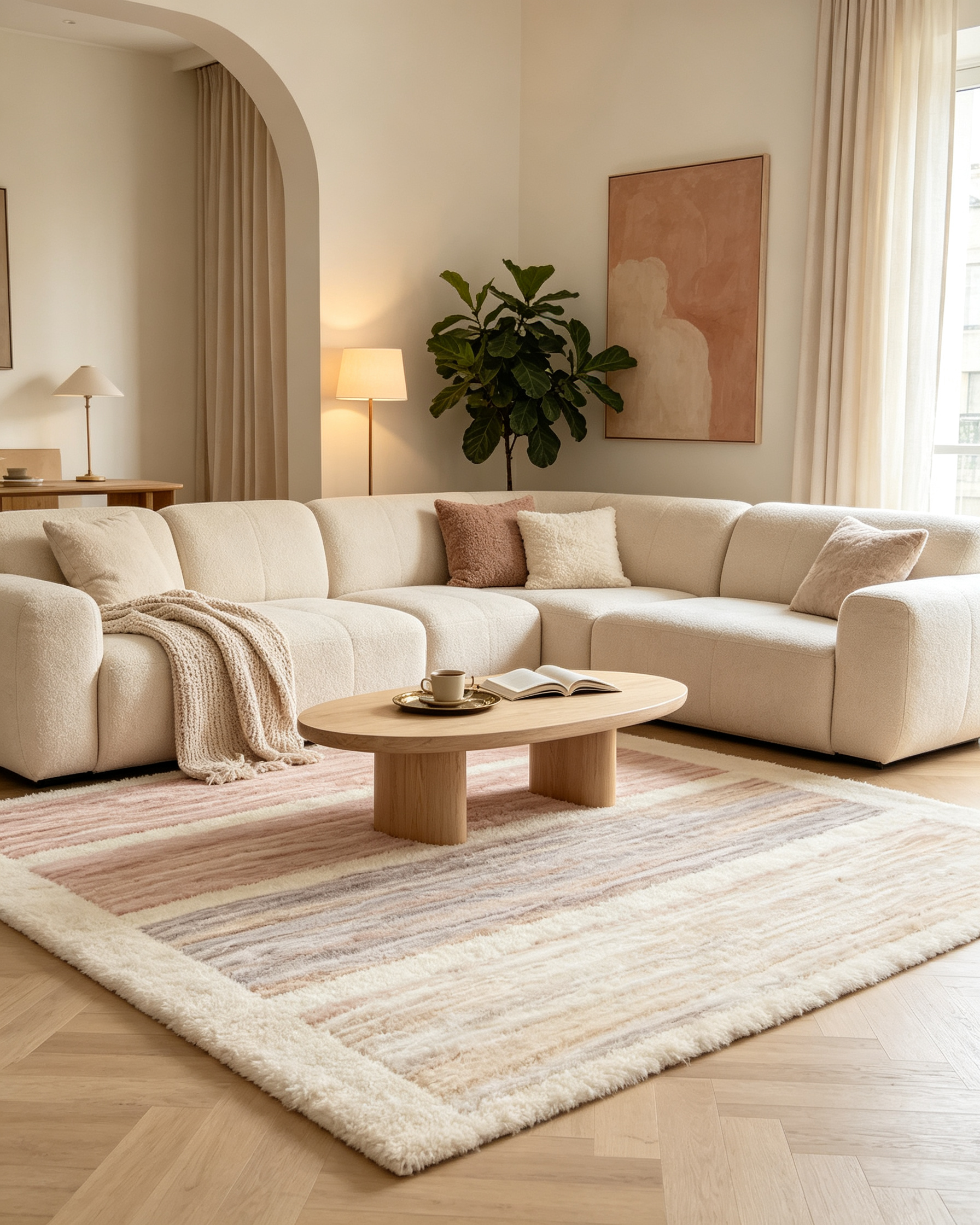 Soft Blush Neutral Layered Textured Panel Wool Area Rug