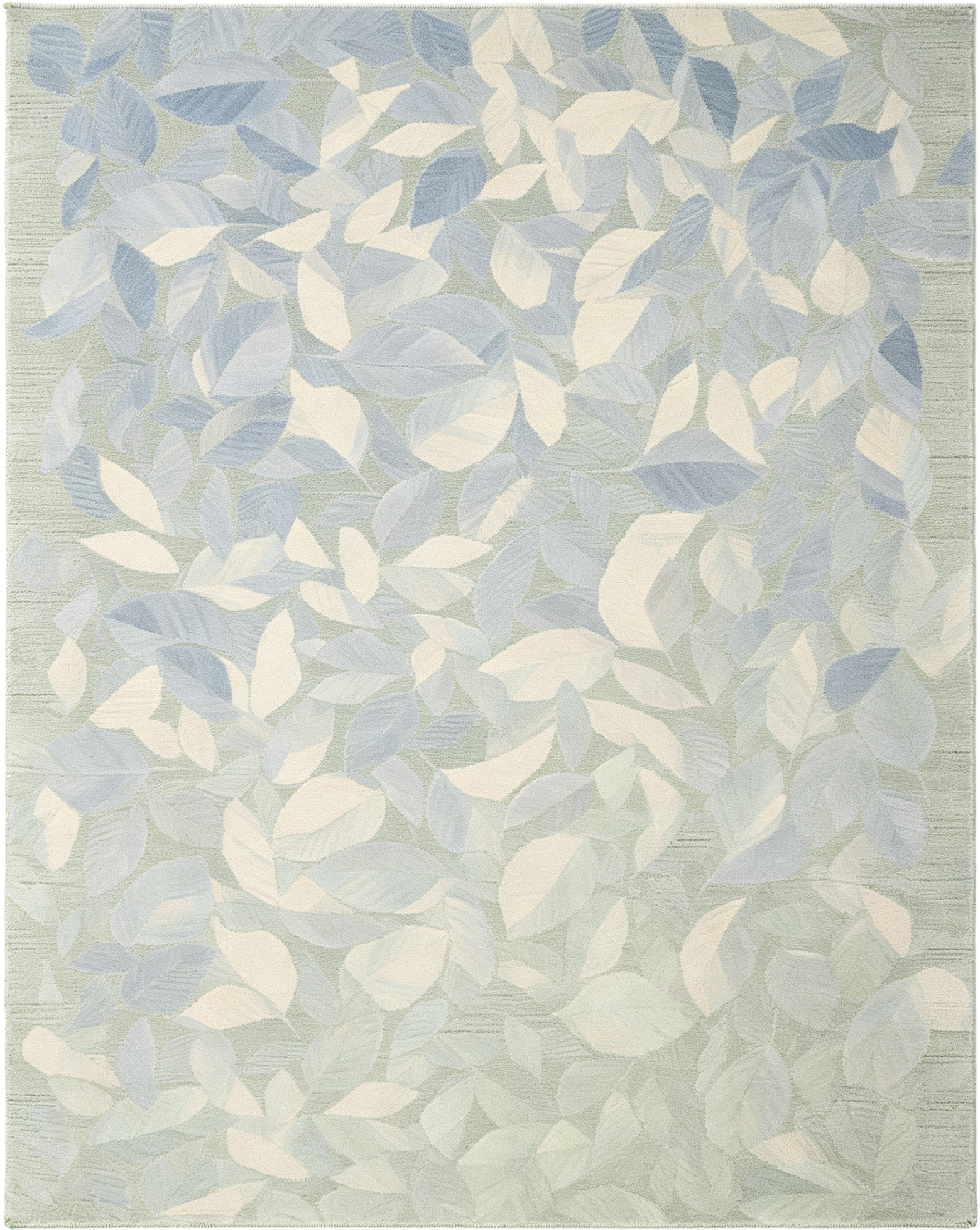 Soft Watercolor Scattered Leaf Pastel Sage Blue Wool Area Rug