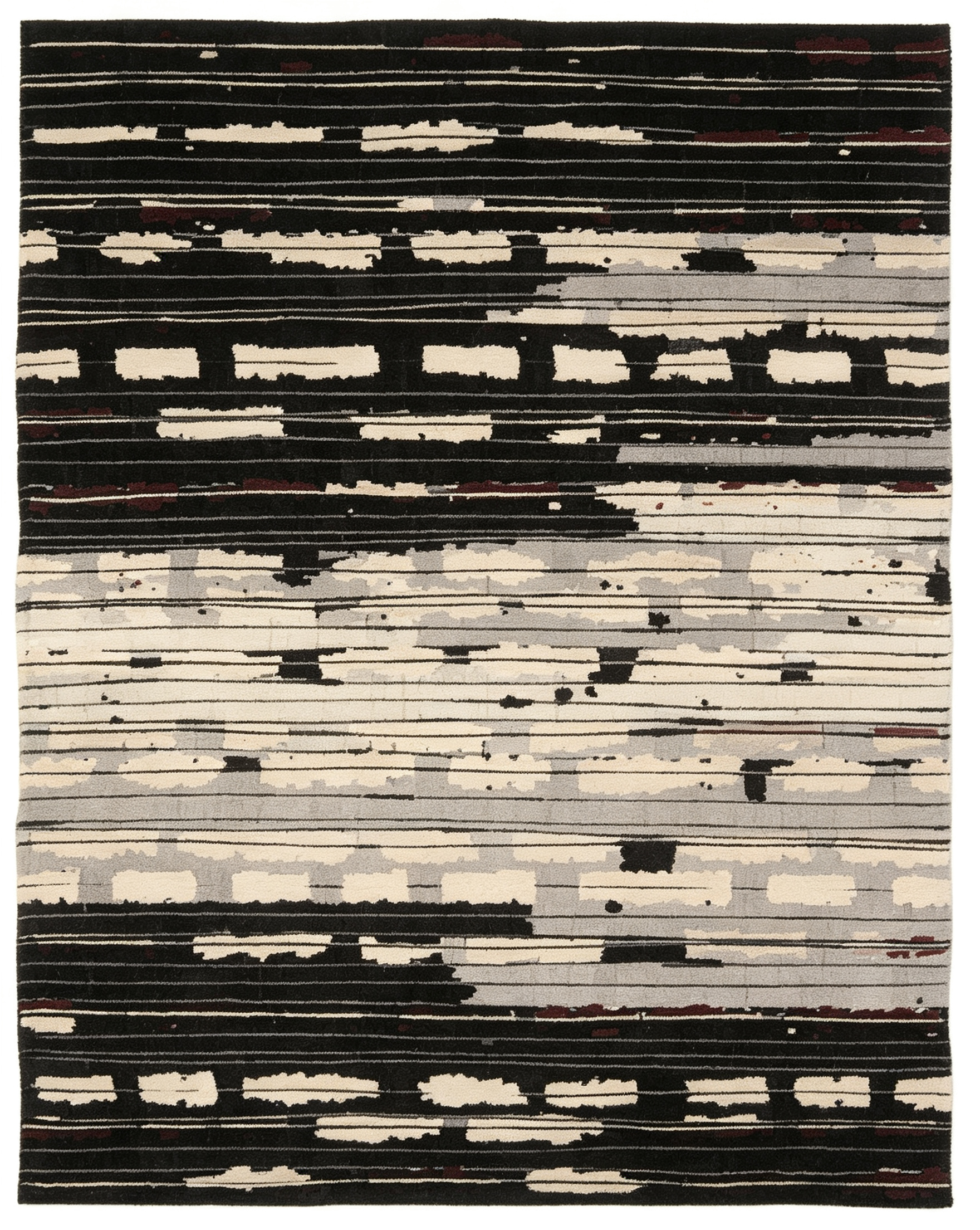 Monochrome Black Ivory Abstract Brushstroke Horizontal Stripe Wool Rug