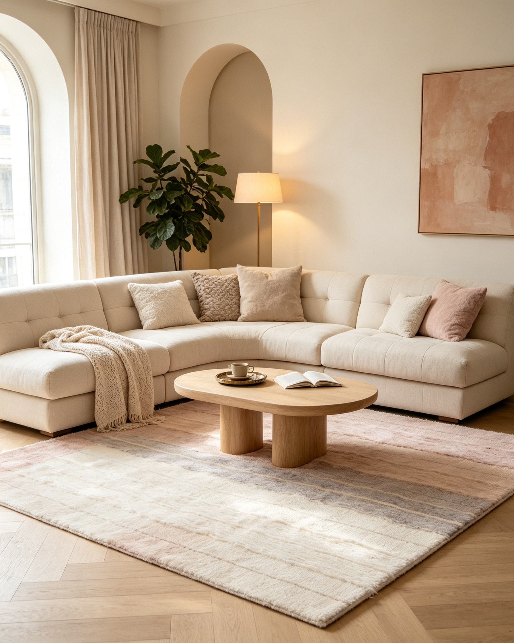 Soft Blush Neutral Fringed Horizontal Ribbed Wool Rug