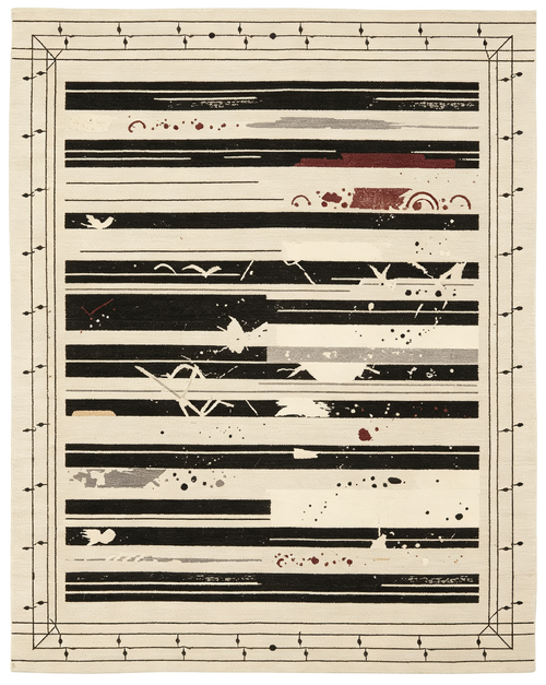 Cream Base Abstract Paint Splatter Horizontal Stripe Border Wool Rug