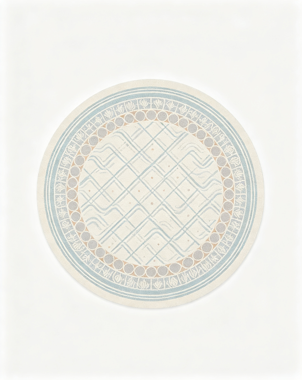 Round Light Blue Lattice Border Wool Area Rug