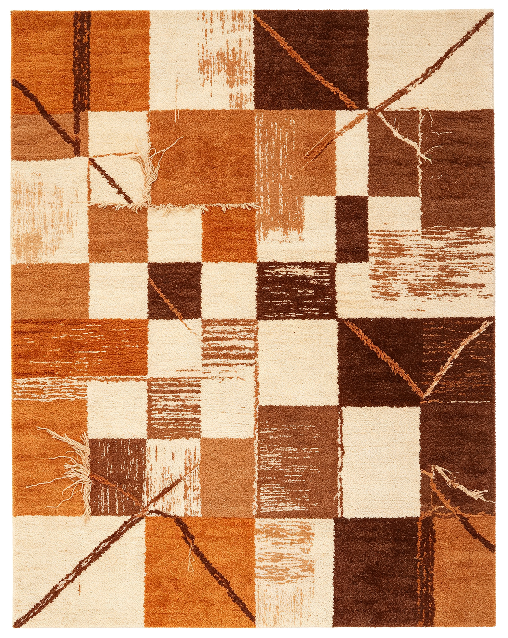 Patchwork Geometric Terracotta Fringed Wool Area Rug