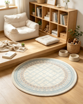 Round Light Blue Lattice Border Wool Area Rug