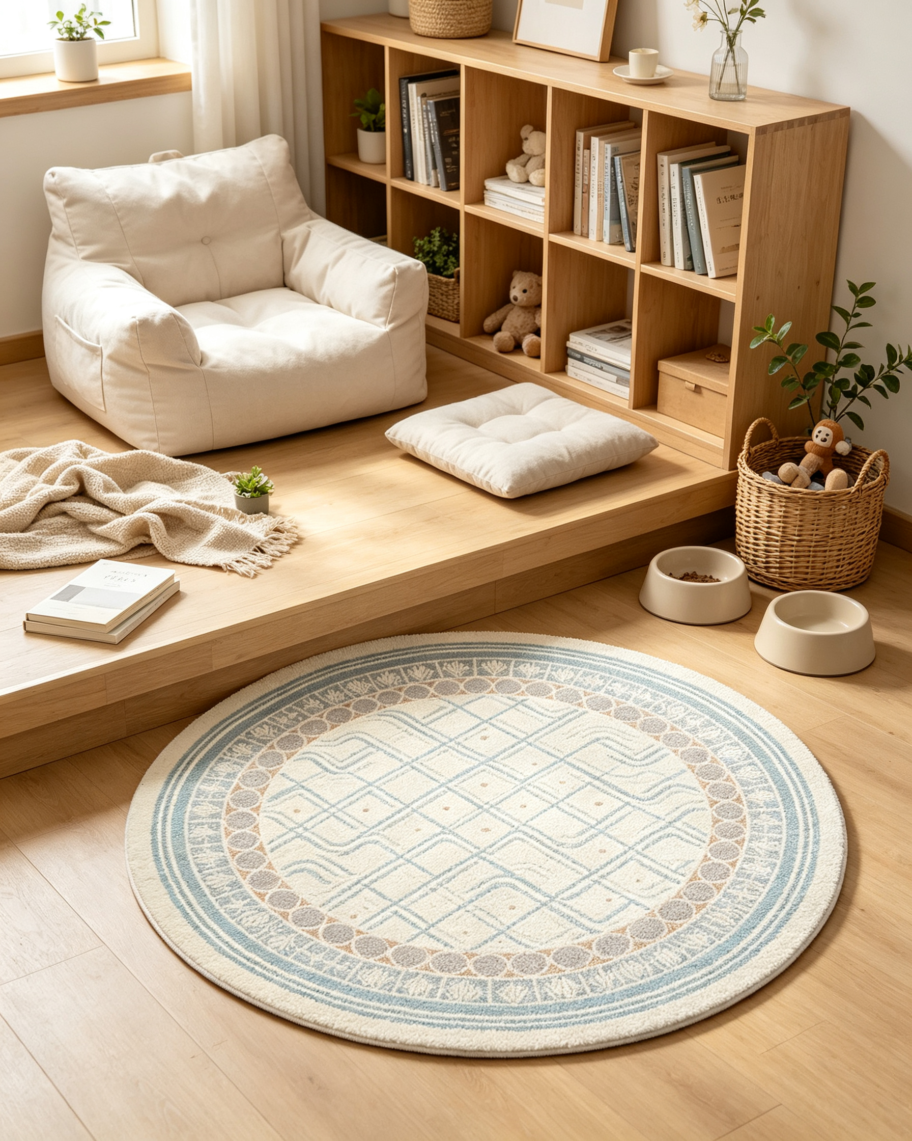 Round Light Blue Lattice Border Wool Area Rug