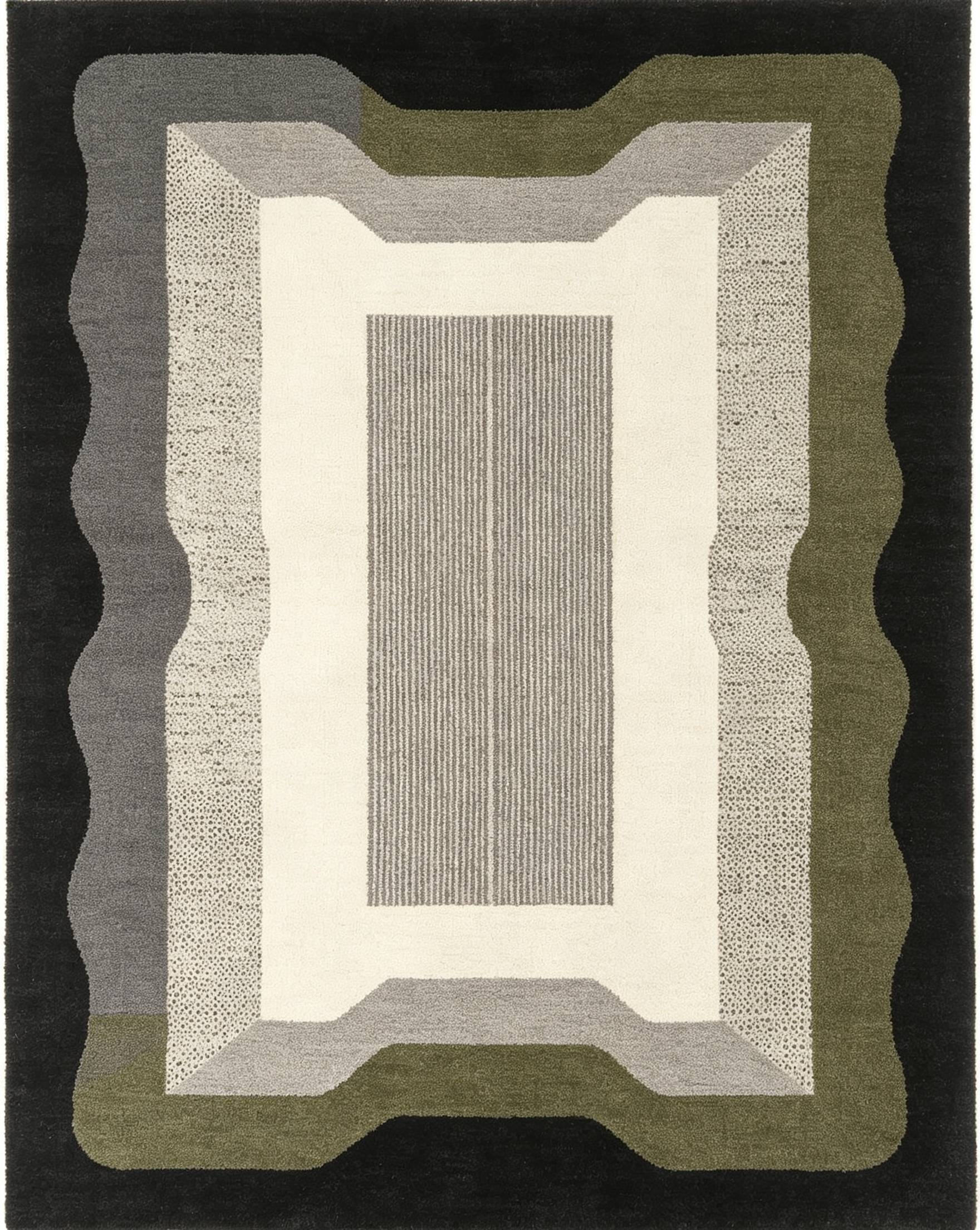 Wavy Frame Geometric Dark Sage Grey Wool Area Rug