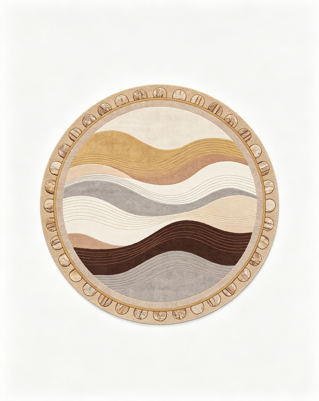 Round Neutral Mountain Wave Border Wool Area Rug