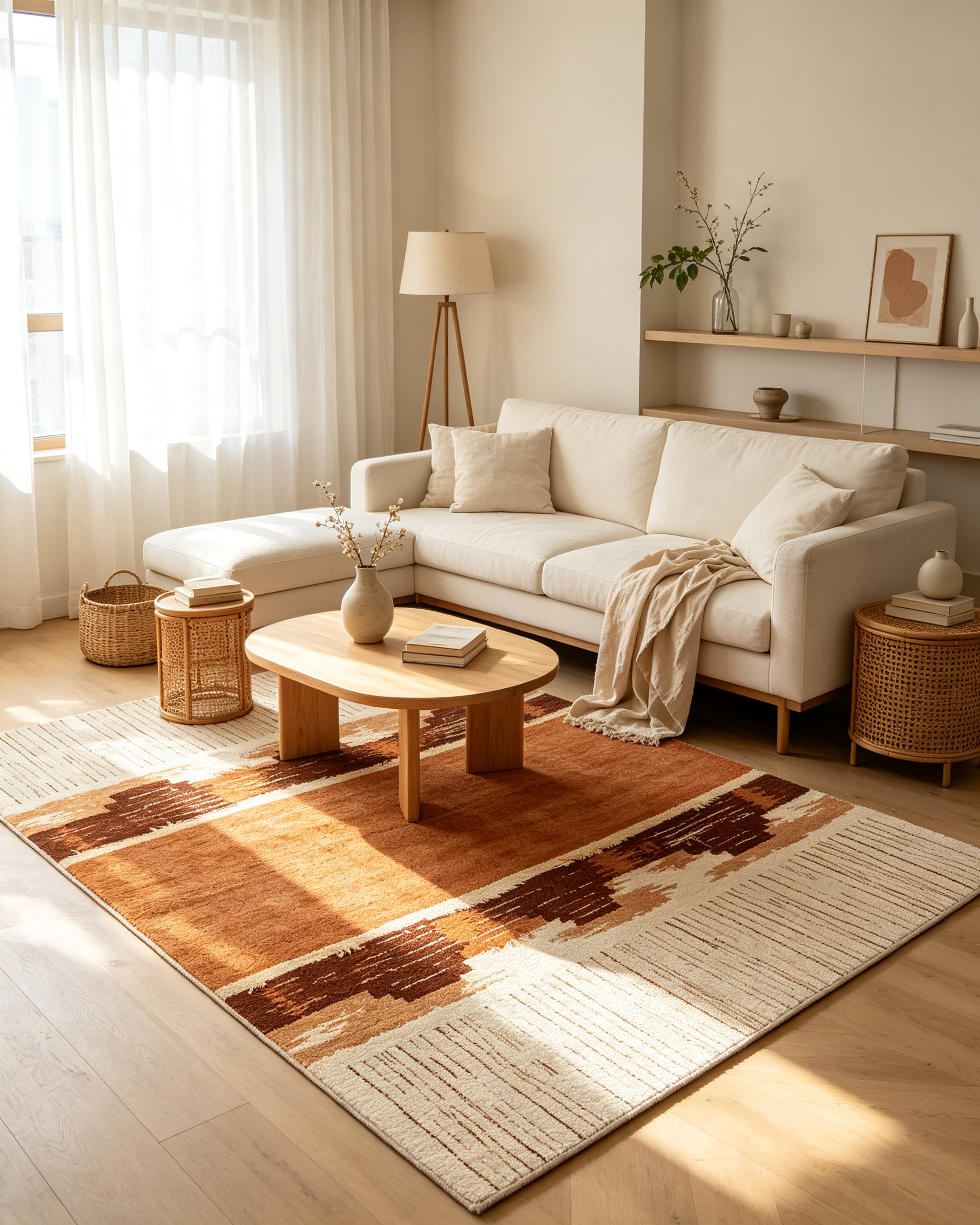 Abstract Tiered Terracotta Horizontal Landscape Wool Area Rug