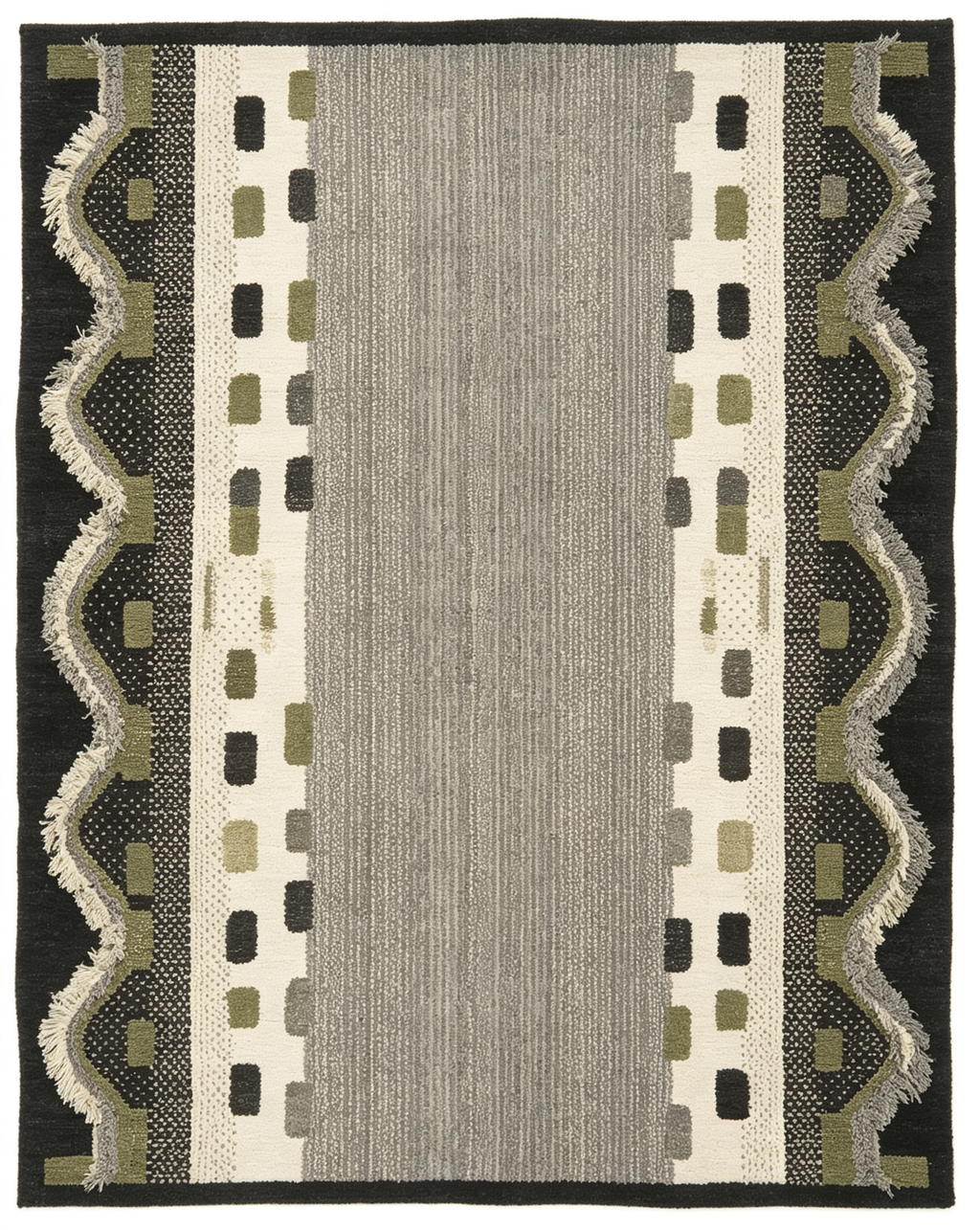 Symmetrical Wavy Border Grey Olive Geometric Wool Area Rug