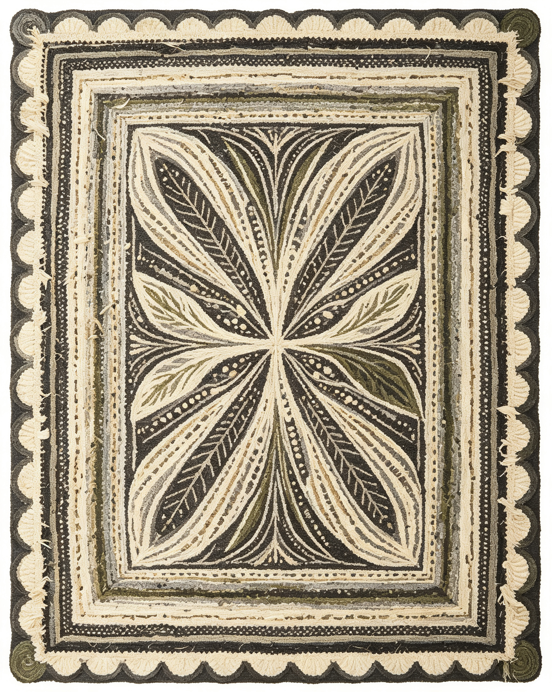 Symmetrical Floral Framed Dark Neutral Wool Area Rug