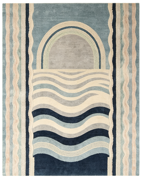 Arch Wave Coastal Blue Sage Striped Wool Area Rug