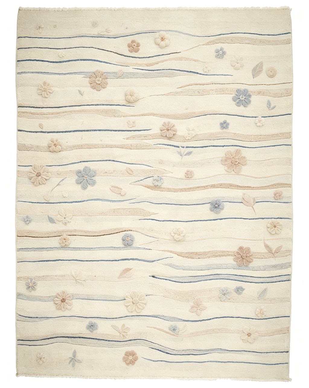 3D Raised Pastel Floral Wavy Stripe Wool Area Rug