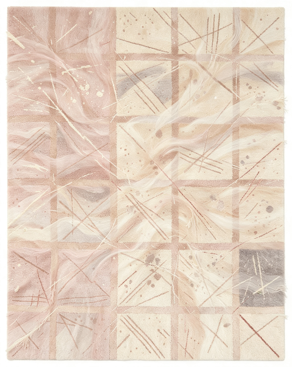 Blush Pink Abstract Grid Fringed Wool Area Rug