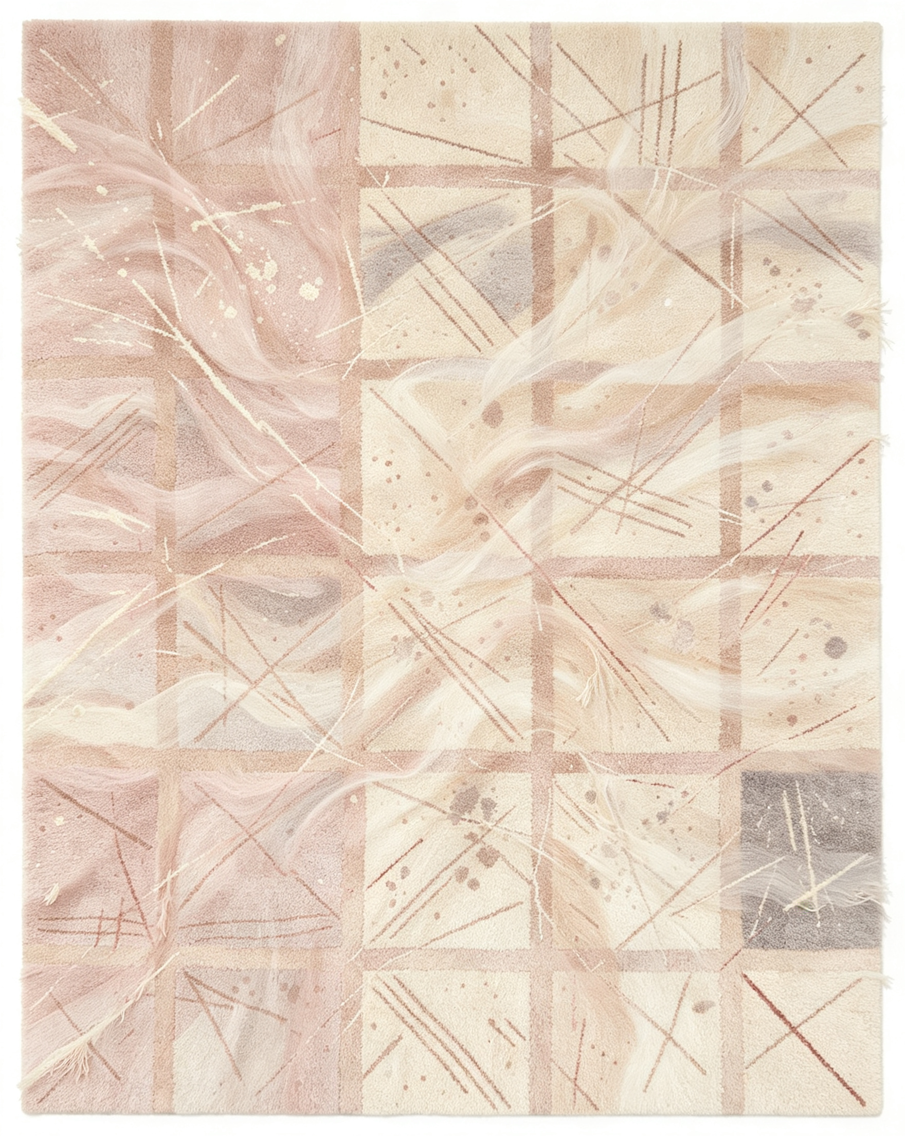 Blush Pink Abstract Grid Fringed Wool Area Rug